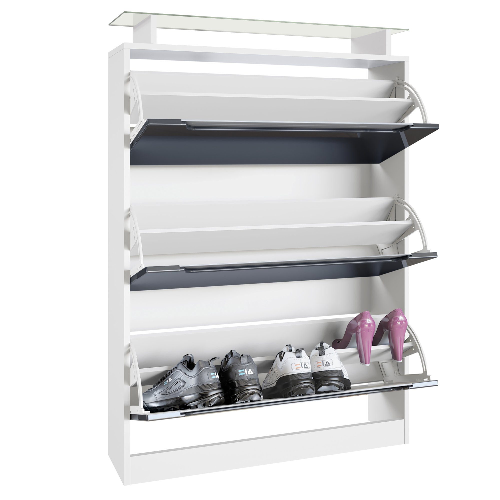 Vladon Schuhschrank Space (Schuhkipper, für 24 Paar Schuhe mit 3 Klappen und Glasablage) Weiß matt/Brombeer glänzend/Absetzung in Weiß glänzend (89x128x23 cm)