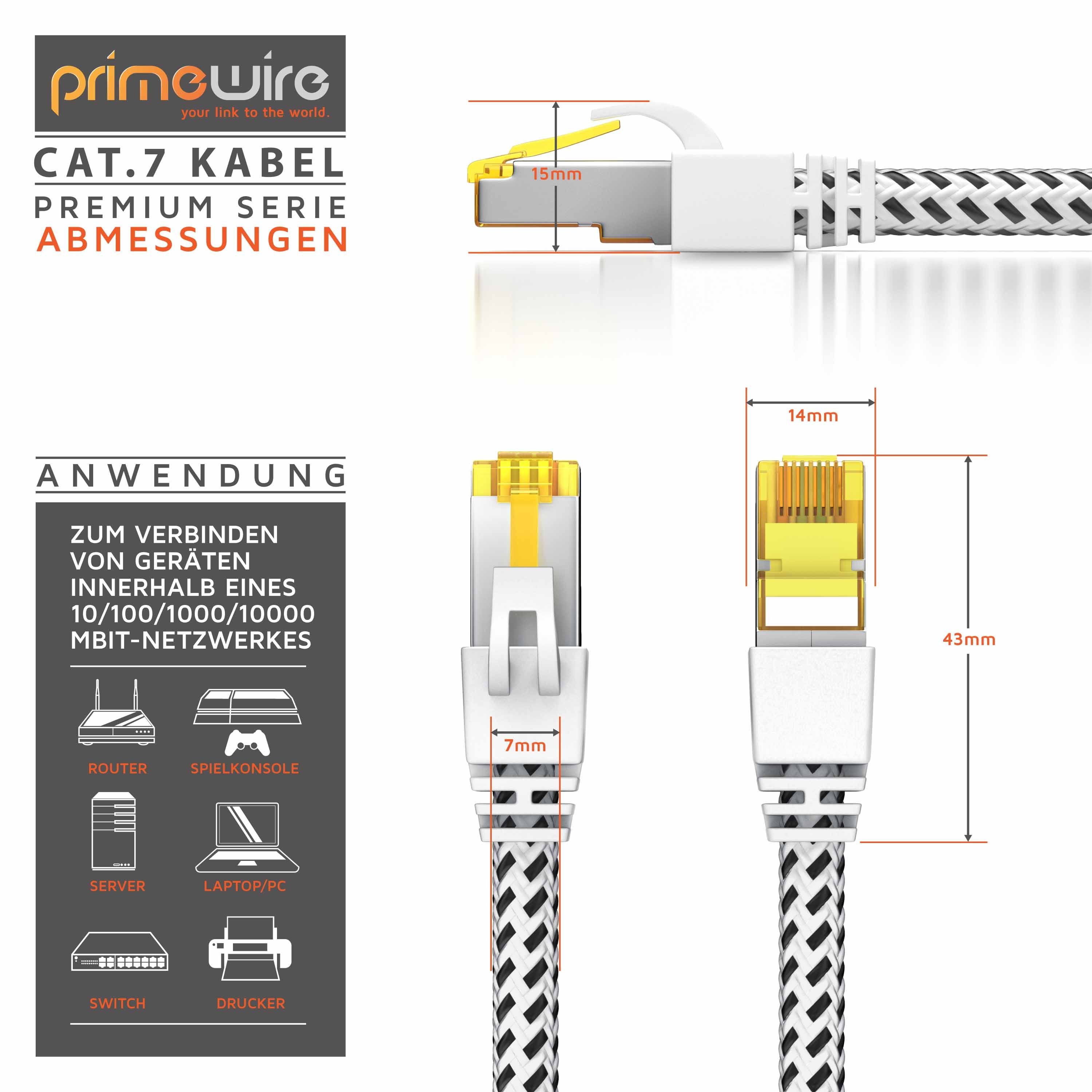 Primewire CAT 7 Gigabit Ethernet Netzwerkkabel, Patchkabel 10 Gbit/s - 0,5m LAN-Kabel, CAT.7, RJ-45 (Ethernet) (50 cm), CAT7 Rohkabel S/FTP Pimf Schirmung, Baumwollmantel, 10000 Mbit/s