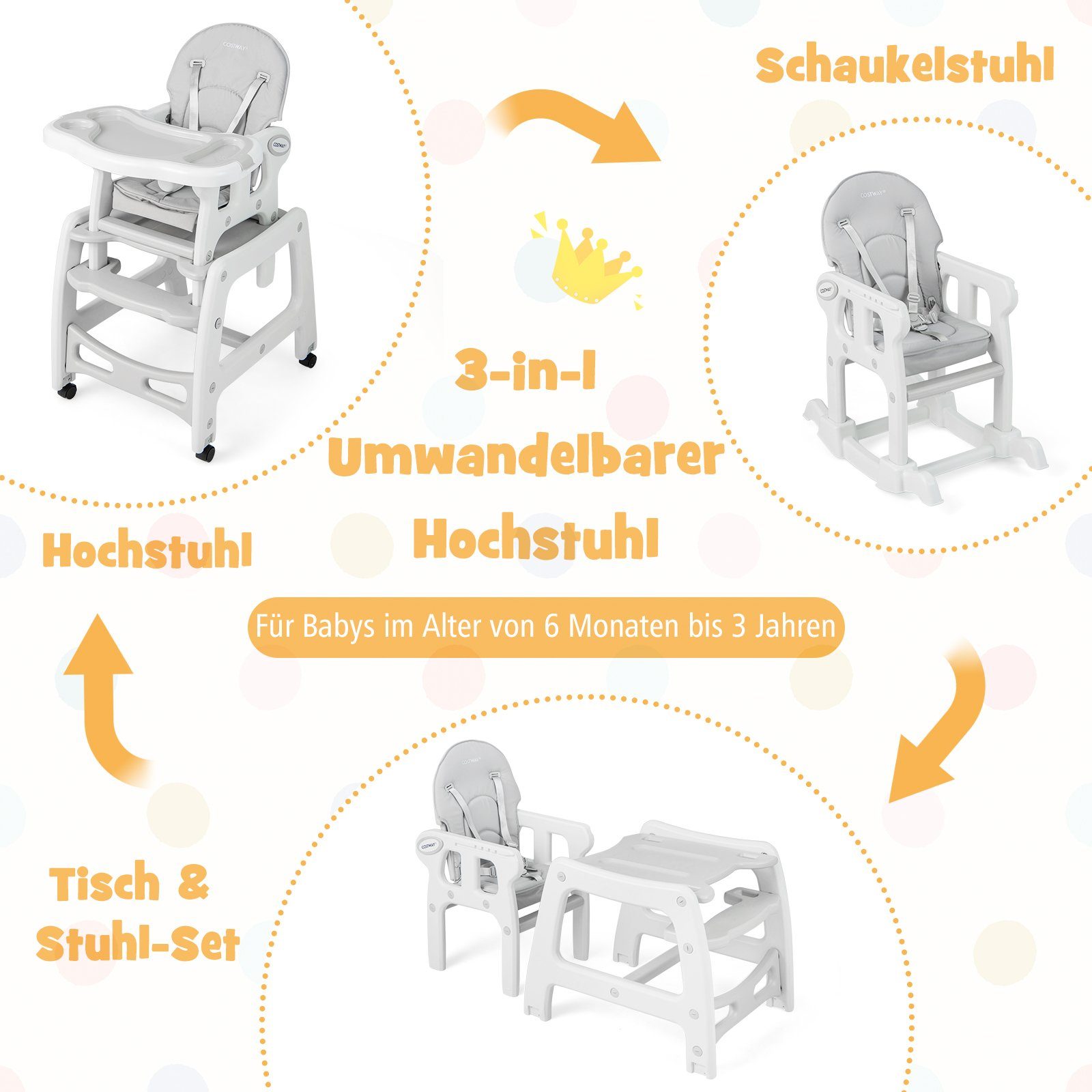 verstellbar&abnehmbar 1 grau Essstuhl COSTWAY Hochstuhl & Kindersitzgruppe, in 3