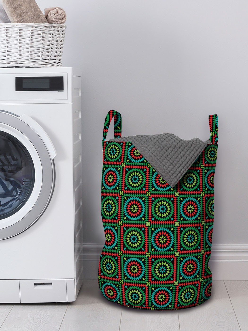 Kordelzugverschluss Waschsalons, Kreise mit Quadrate Wäschekorb für Griffen und Wäschesäckchen Abakuhaus afghanisch