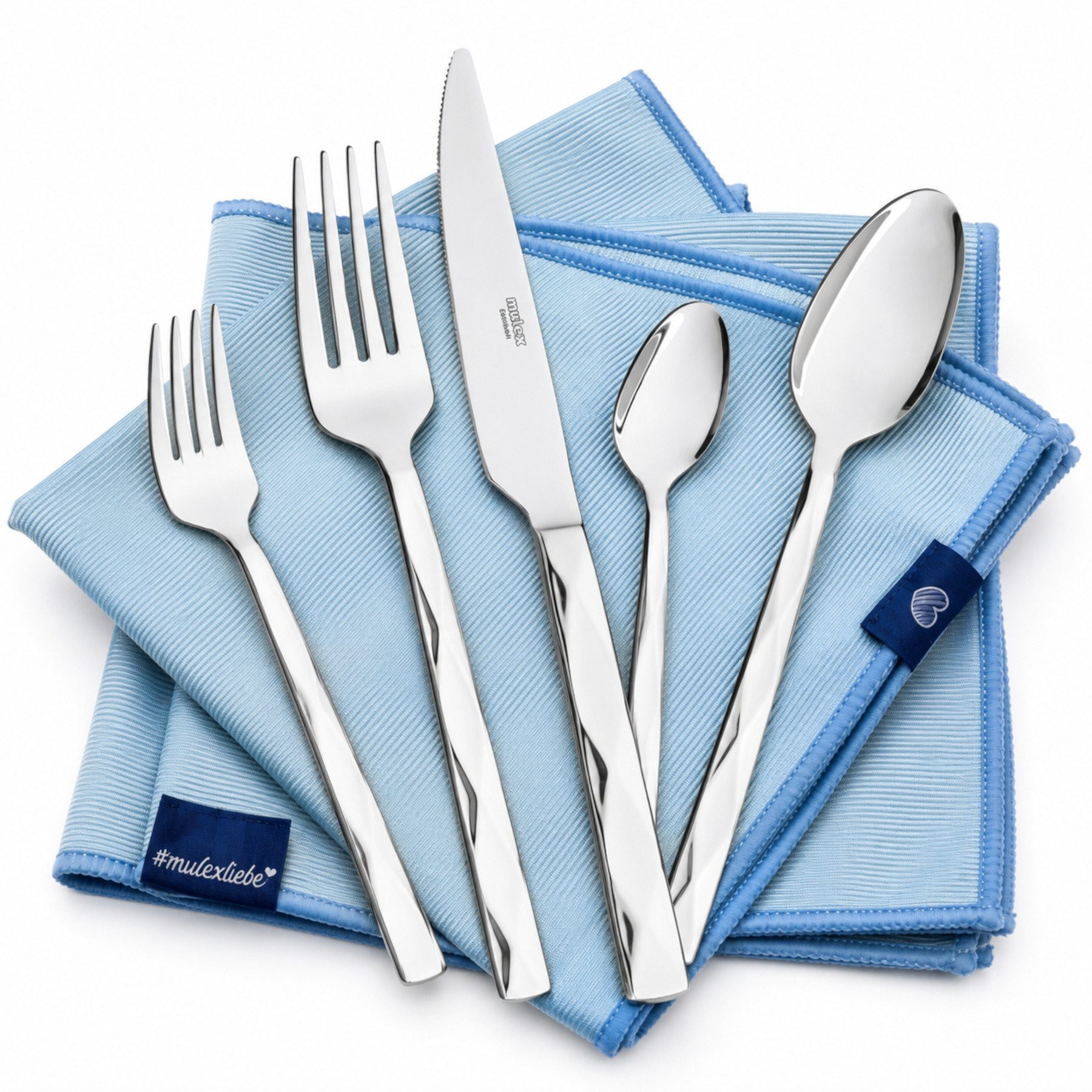 Mulex Besteck-Set Vicenza, Besteckset mit 3 Multifunktionstüchern (33-tlg), 6 Personen, Edelstahl 18/0, Facetten-Design mit edler Haptik und zeitloser Eleganz