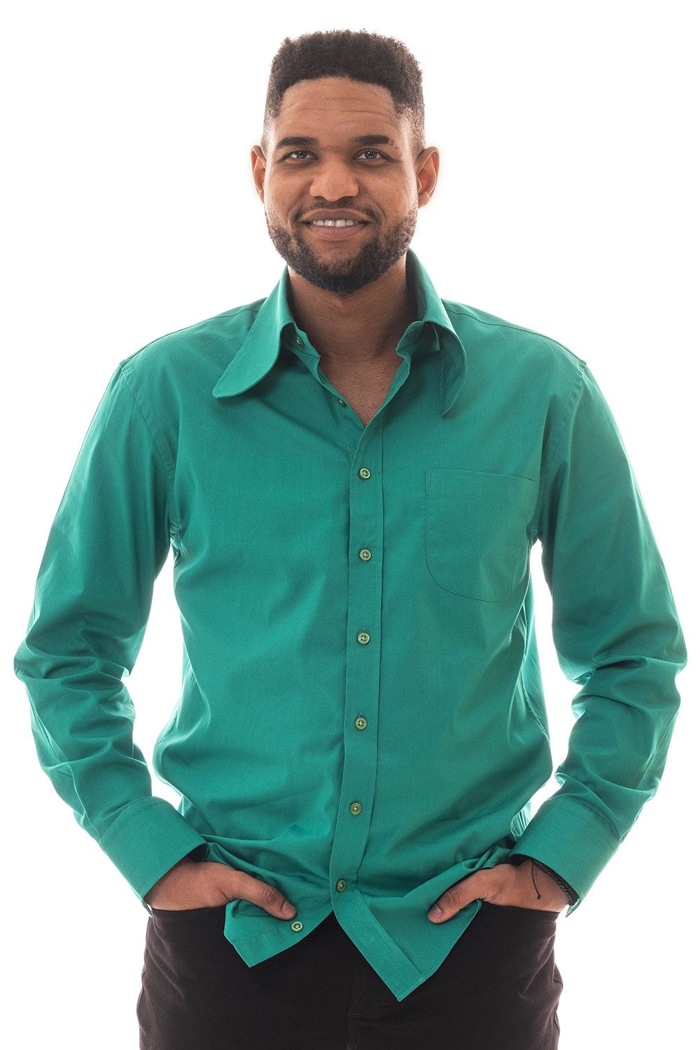 Comycom Langarmhemd Herren 70er mit Dackelohrkragen in grün