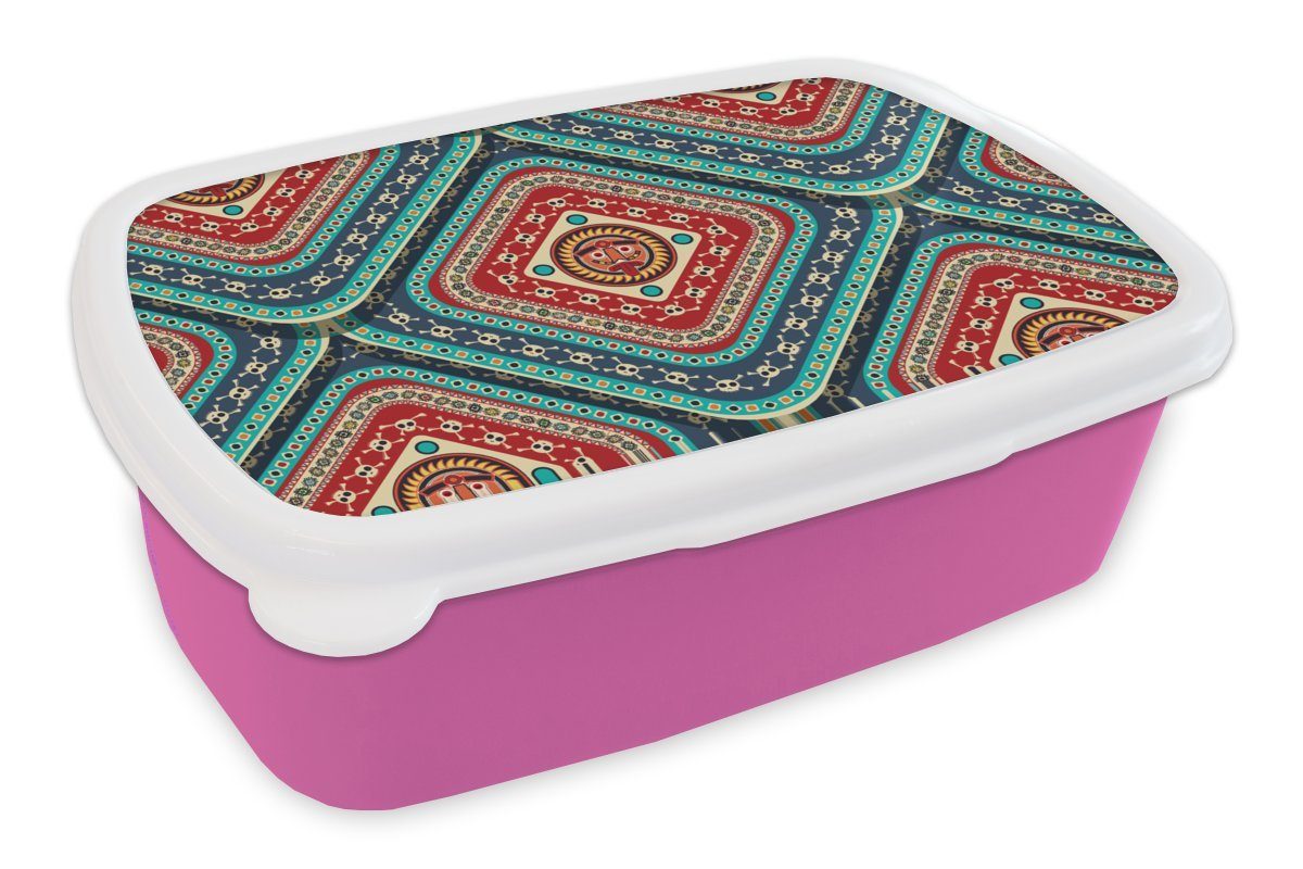 MuchoWow Lunchbox Azteken - Muster - Totenkopf, Kunststoff, (2-tlg), Brotbox für Erwachsene, Brotdose Kinder, Snackbox, Mädchen, Kunststoff rosa
