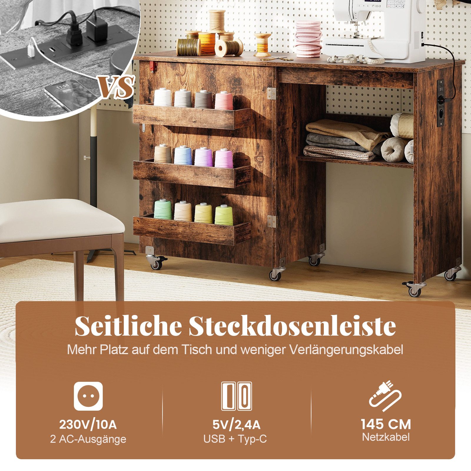 COSTWAY Schreibtisch 2 in 1 Nähtisch klappbar mit Ladestation, Rollen, Nähmaschinenschrank – Bild 3 von 5