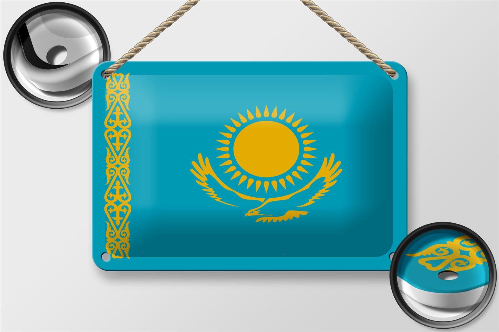 Femer GmbH Metallschild Flagge Kasachstans 18x12cm Flag of Kazakhstan, (1 St), gewölbte Oberfläche, abgerundete Ecken, umgeschlagene Kanten