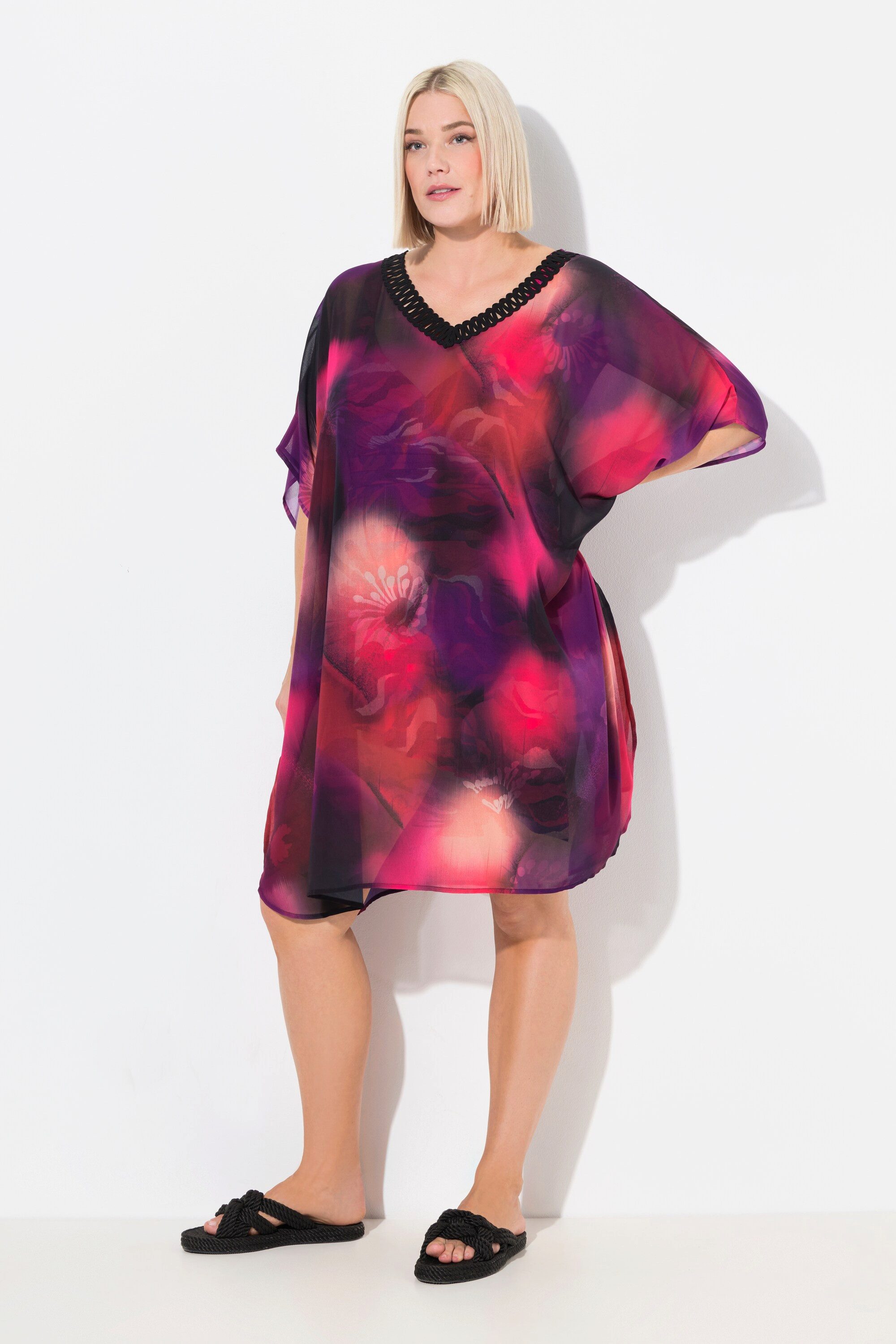 Jerseykleid Tunika Chiffon Oversized V-Ausschnitt Halbarm