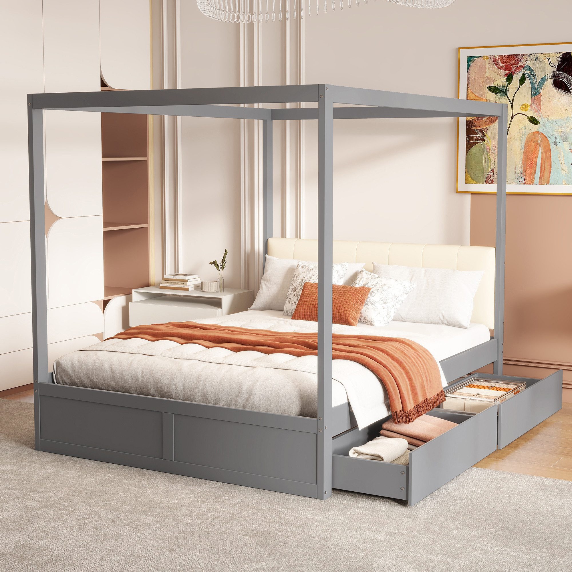 Flieks Massivholzbett, Himmelbett 140x200cm mit 2 Schubladen und weicher Rü günstig online kaufen