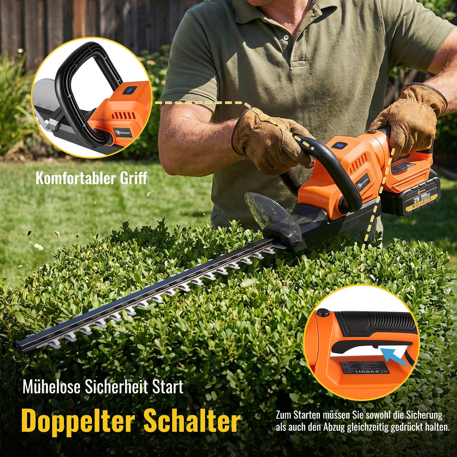 CONENTOOL Akku-Heckenschere 21V Bürstenlos Kabellos, 55 cm Schnittlänge, 2x 4,0Ah Akku, Drehbarer Kopf, Elektrischer Heckenschneider Profi Garten Set – Bild 4 von 5