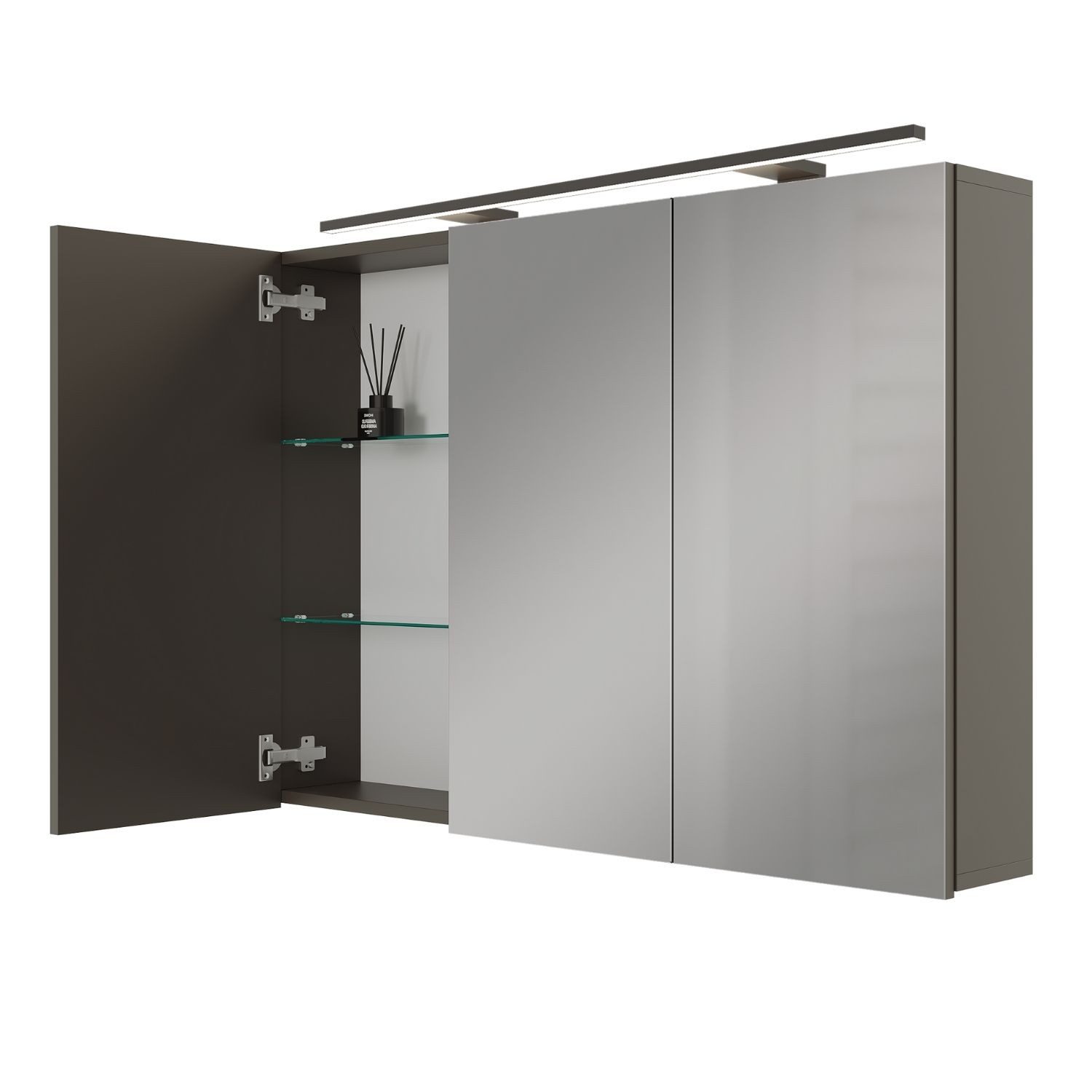 Planetmöbel Spiegelschrank ARIA Badschrank mit Spiegel hängend 100 cm (Spiegelschrank Bad 100 cm mit Beleuchtung und Steckdose, Badspiegelschrank 3-türig) Steckdose für Elektrogeräte