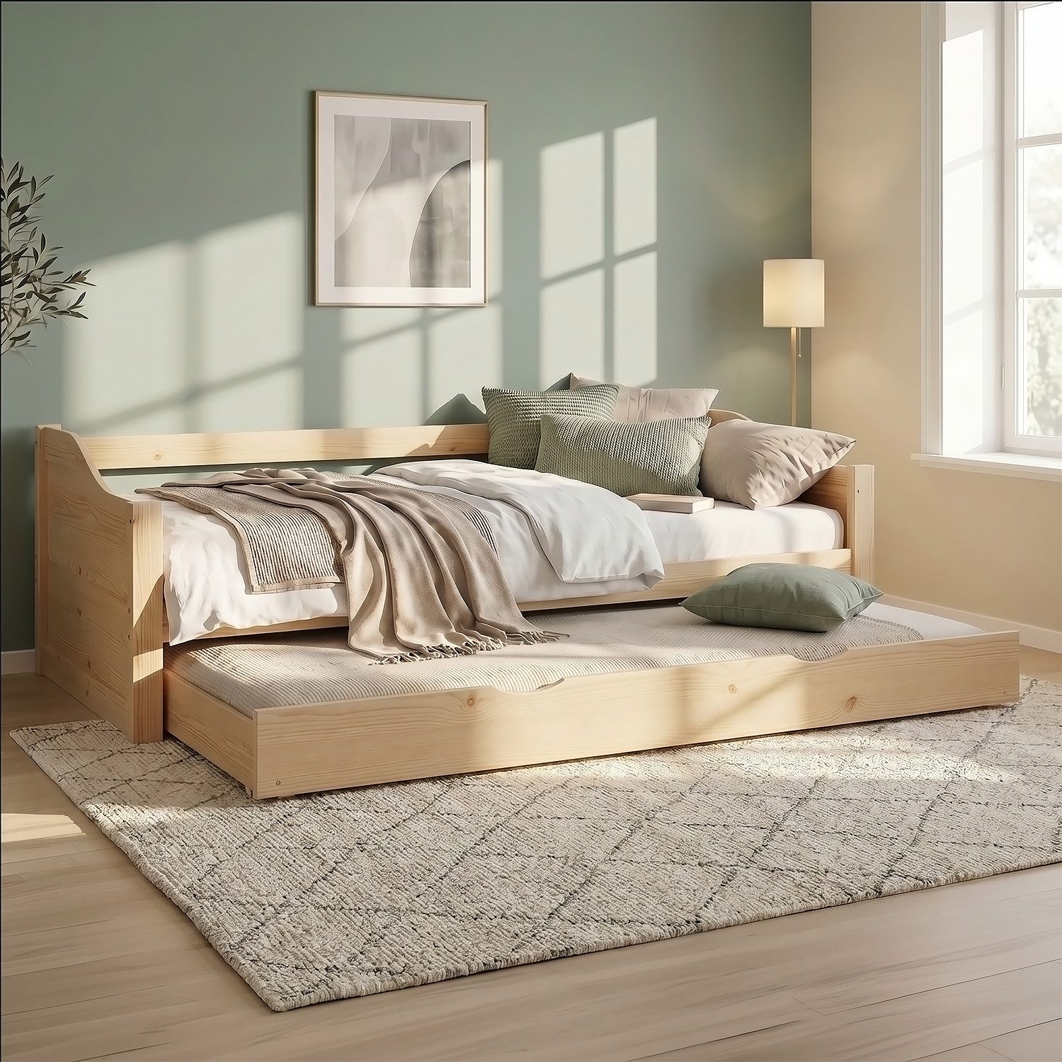 Homestyle4u Ausziehbett 90x200 Holz Gästebett mit Ausziehfunktion 2 Liegeflächen Doppelbett (Set mit 2x Lattenrost), oben: 90x200 unten: 90x190, 2 Personen/Kinder, Stauraumbett