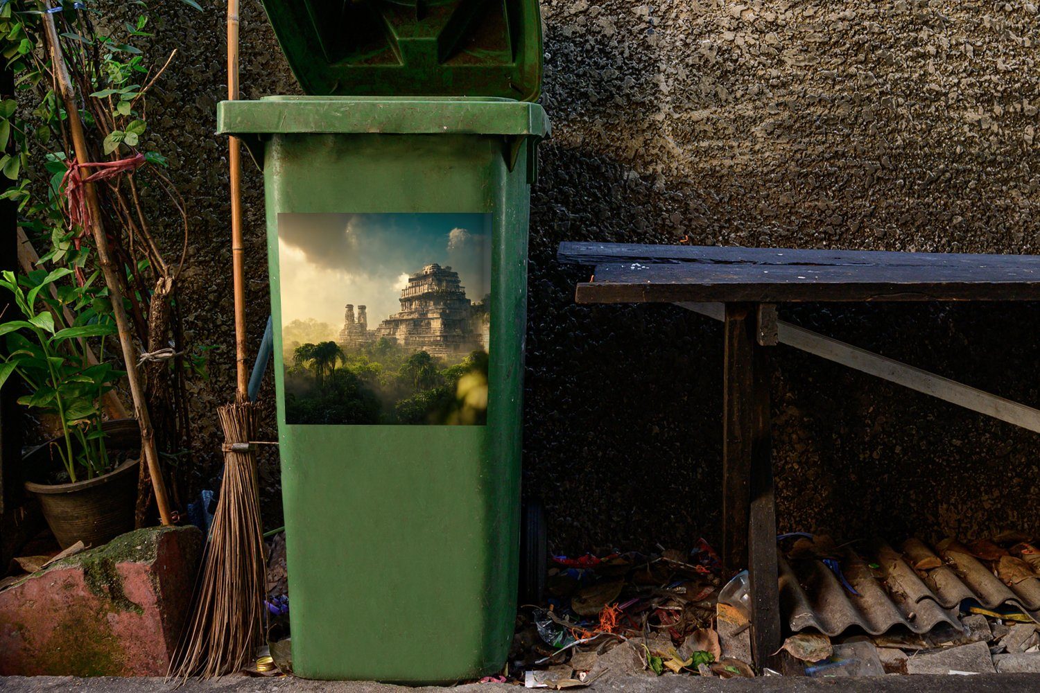 Wandsticker Mülltonne, - - Natur - Dschungel Container, Tempel Mülleimer-aufkleber, - Abfalbehälter St), MuchoWow Sticker, Wolken Himmel (1