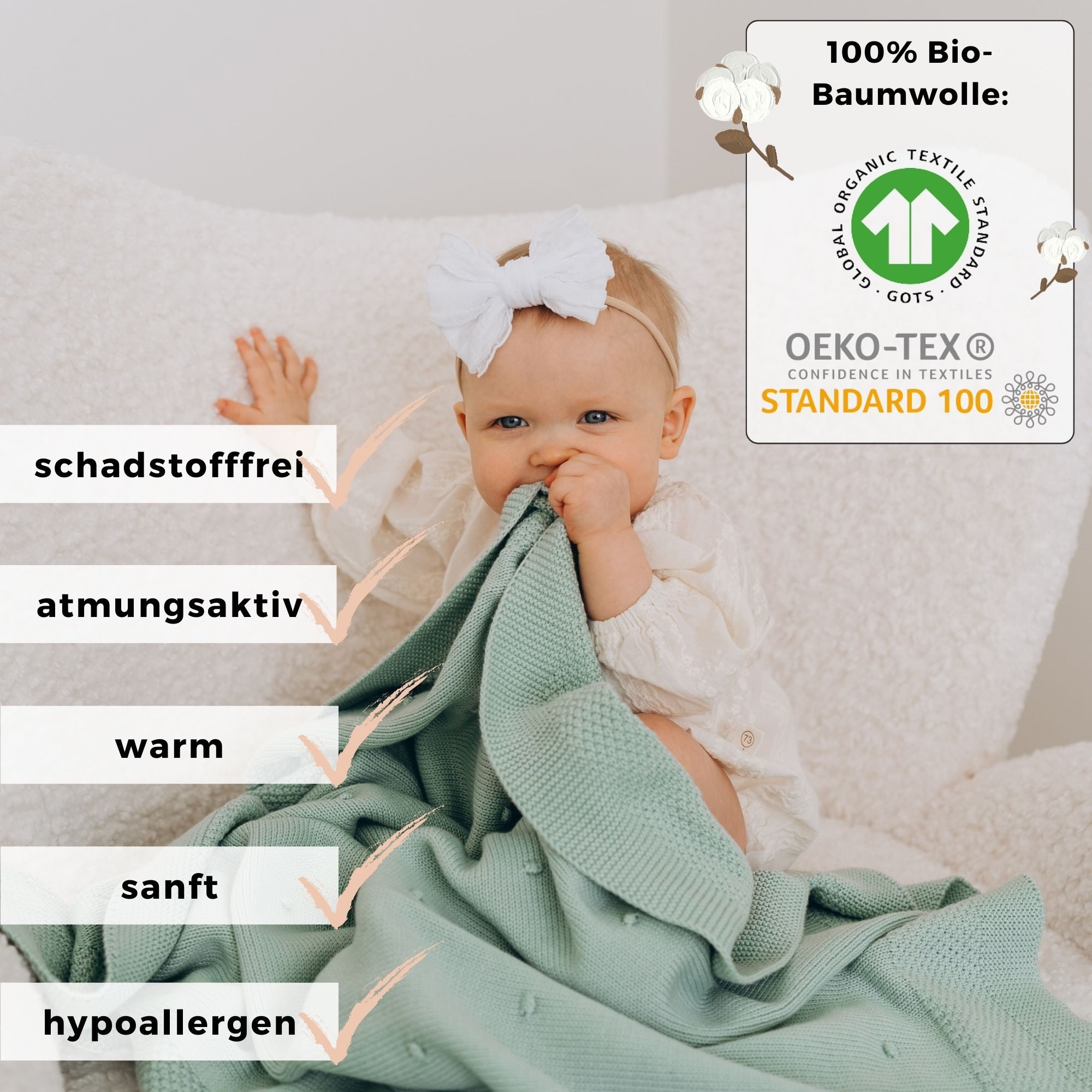 Babydecke Baumwolle (Bio) XXL (75x100 cm) Mädchen + Junge, Kuscheldecke Baby, furora BABY