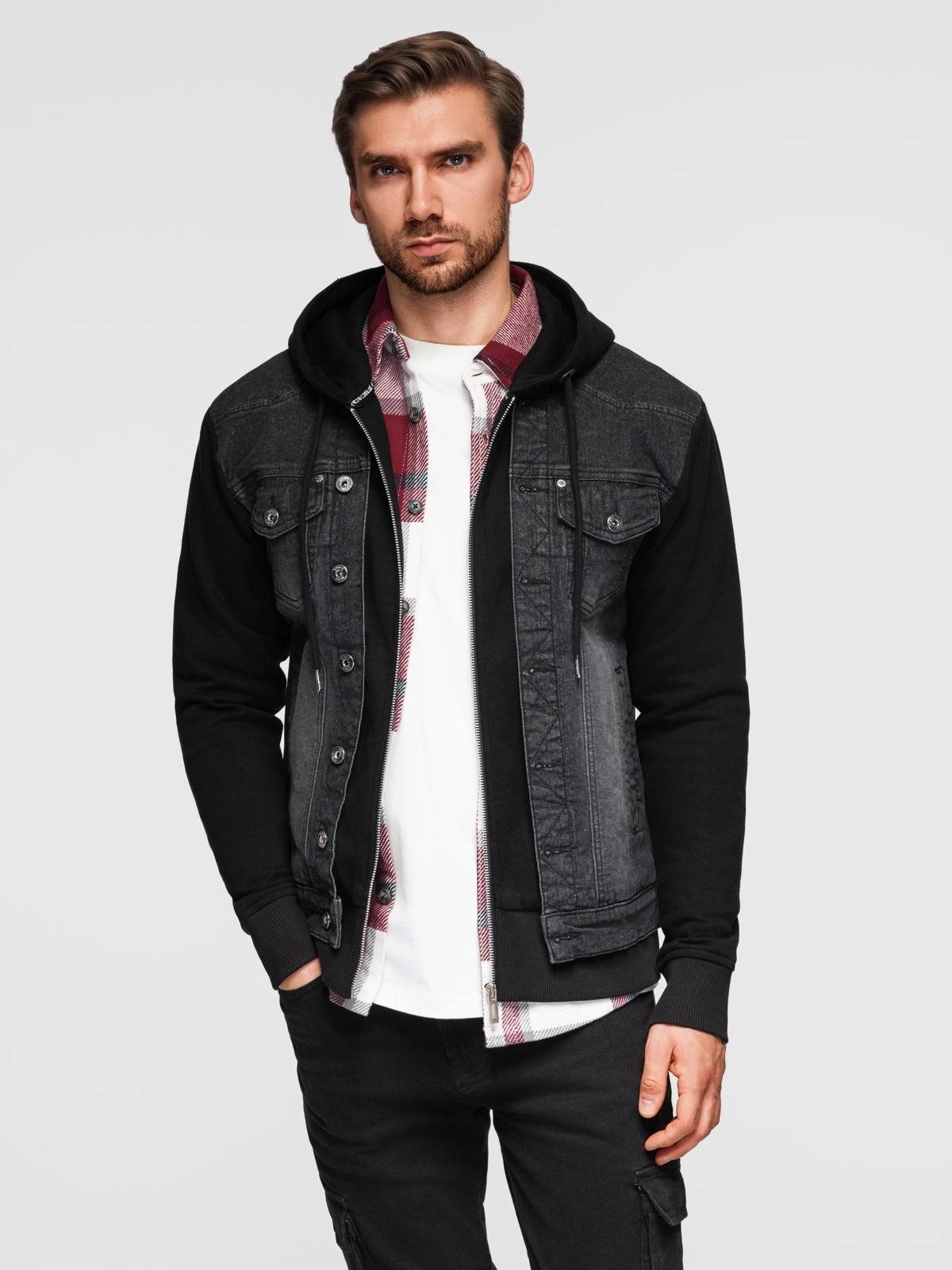 OMBRE Jeansjacke Herren-Jeansjacke mit Strickärmeln und Kapuze günstig online kaufen