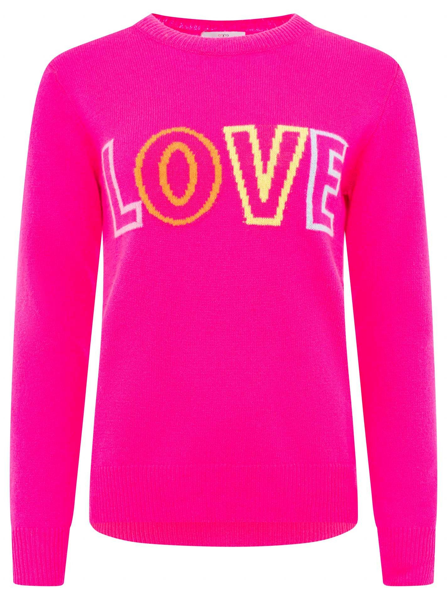 Zwillingsherz Kaschmirpullover "LOVE" wording Rundhals, mit LOVE Aufschrift in Neonfarbe