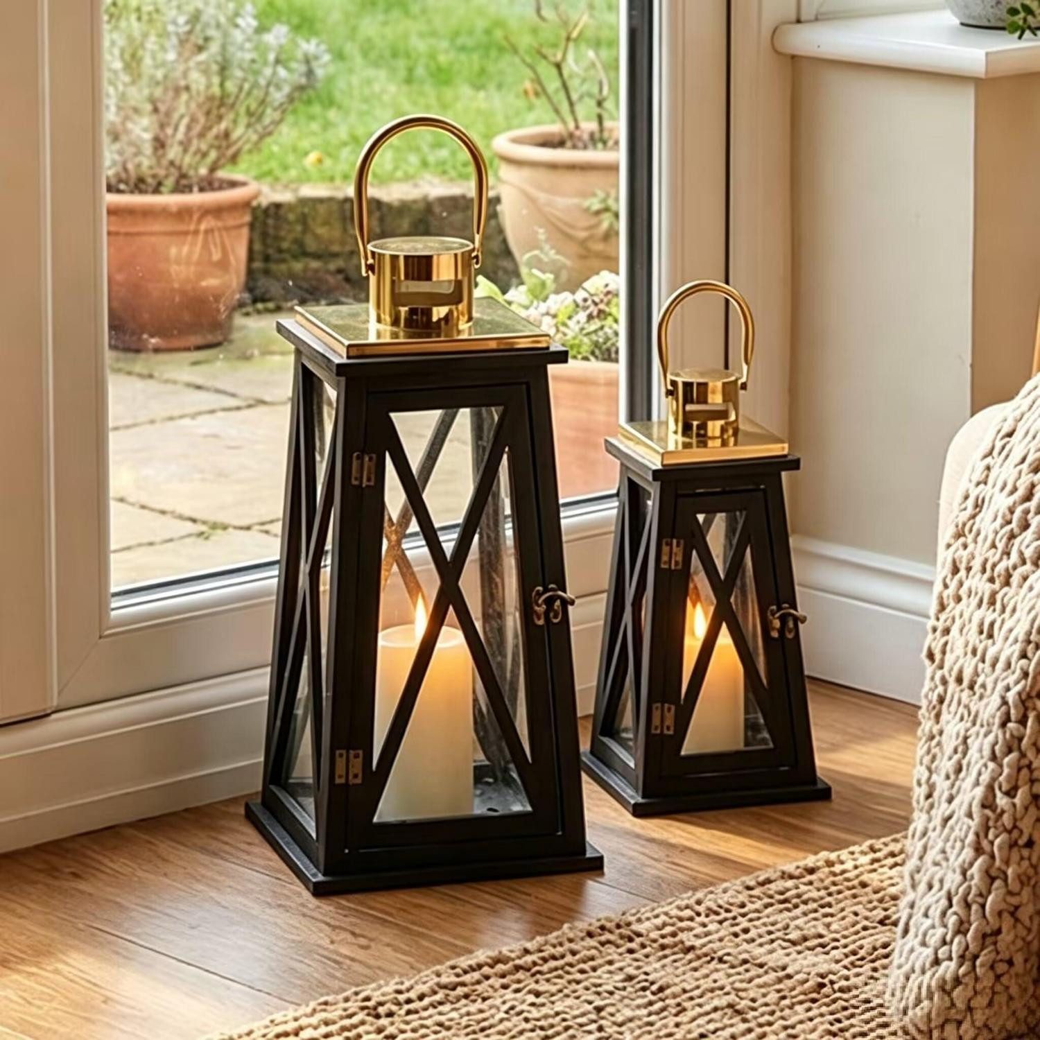 LuxusKollektion Kerzenlaterne Kerzenlaternen Holz Schwarz 55cm & 40cm Trapezoidal
