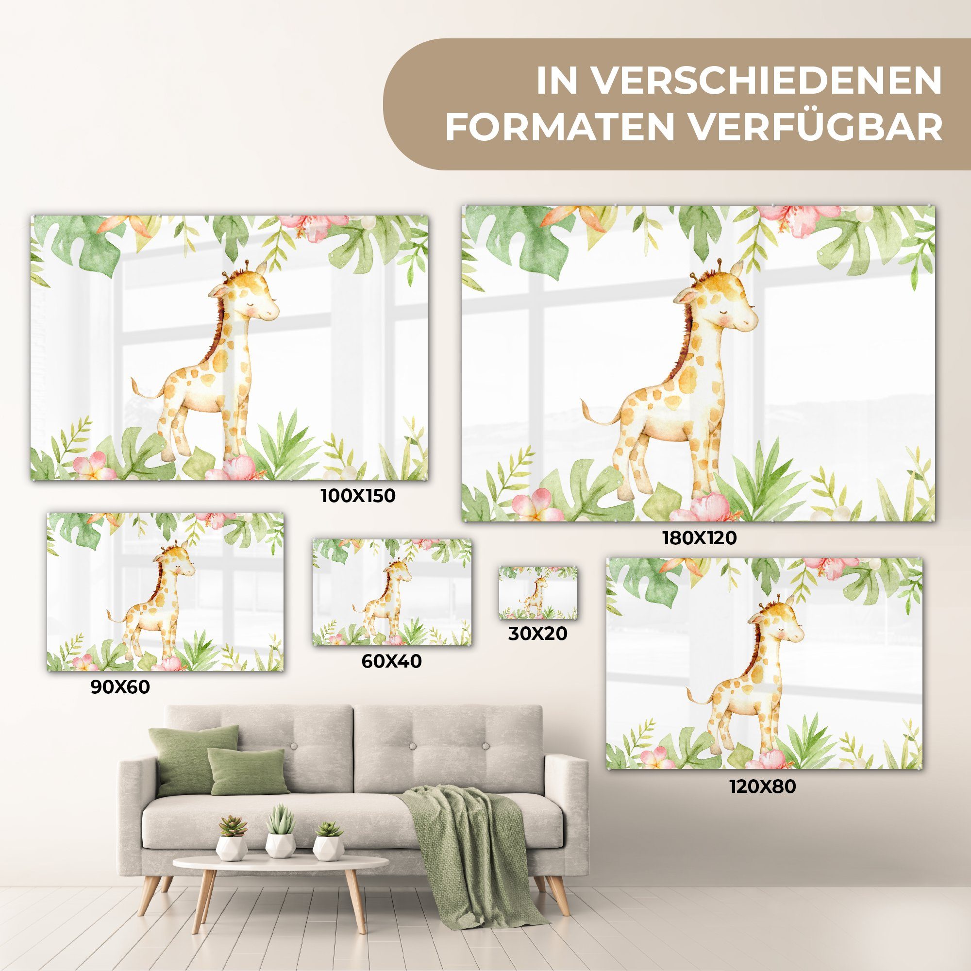 - auf Aquarell, Glas (1 auf Giraffe Glasbilder - - Bilder Wanddekoration Acrylglasbild - Foto MuchoWow Dschungel Glas Blumen Wandbild - St), -