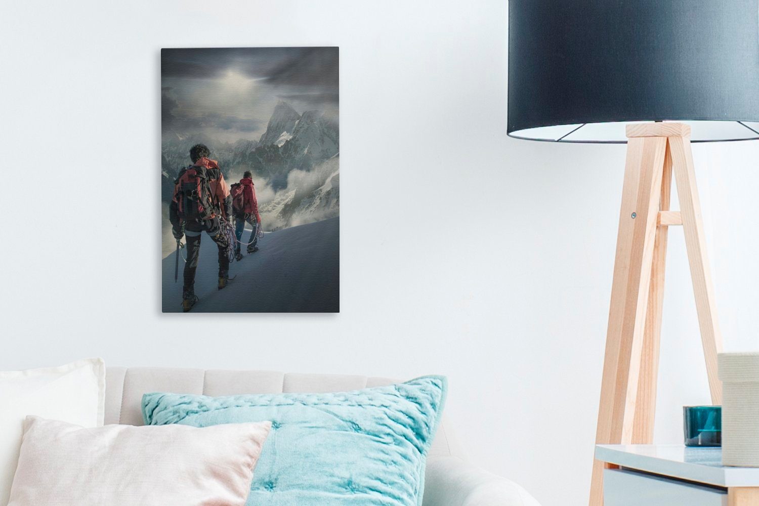 OneMillionCanvasses® Leinwandbild Zwei Bergsteiger auf Gemälde, cm Schneehang (1 bespannt Mont einem Zackenaufhänger, St), Blanc, 20x30 des Leinwandbild fertig inkl