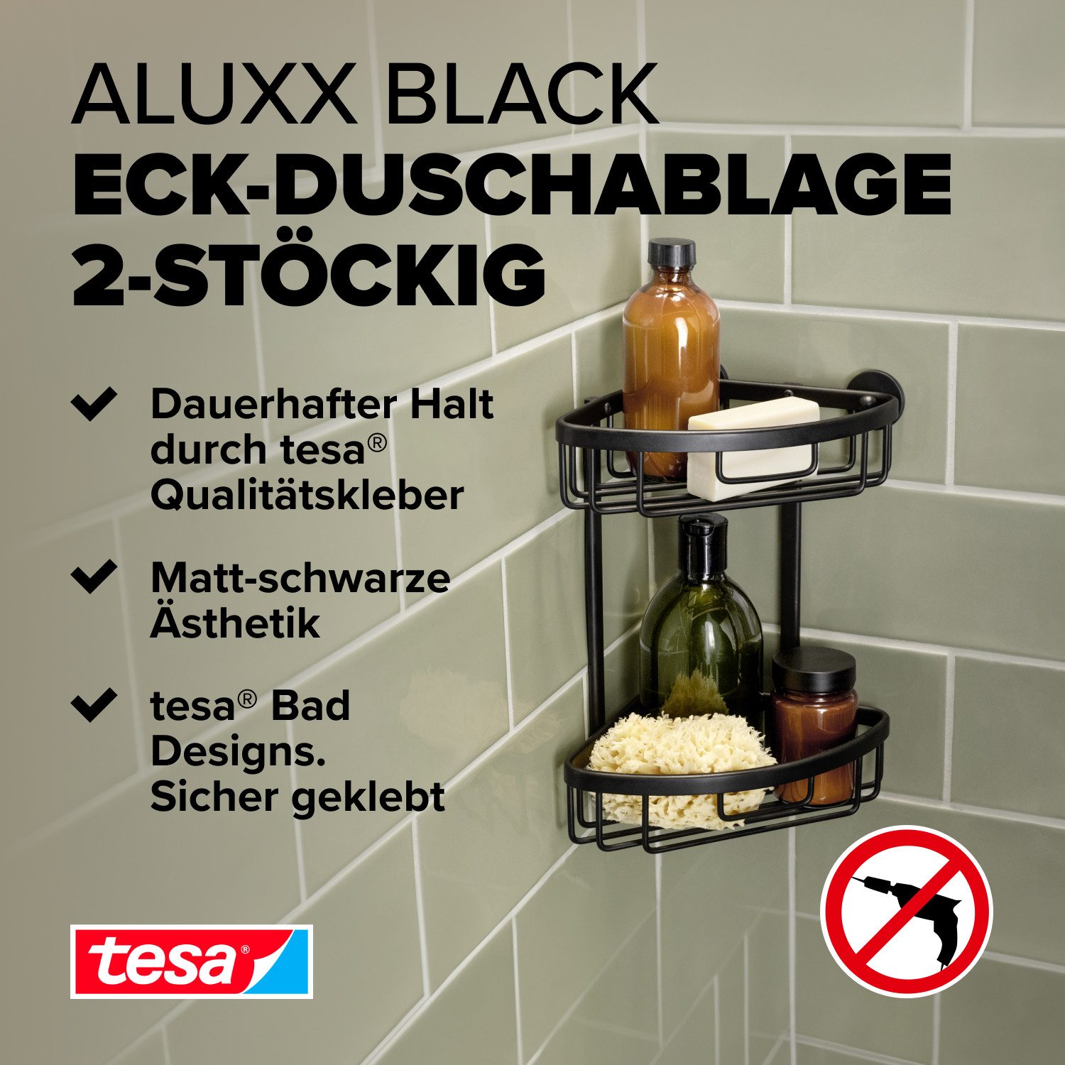 tesa Duschablage ALUXX BLACK Eck-Duschablage zweistöckig, Set 1-tlg., mit Klebelösung zur Wandmontage ohne Bohren