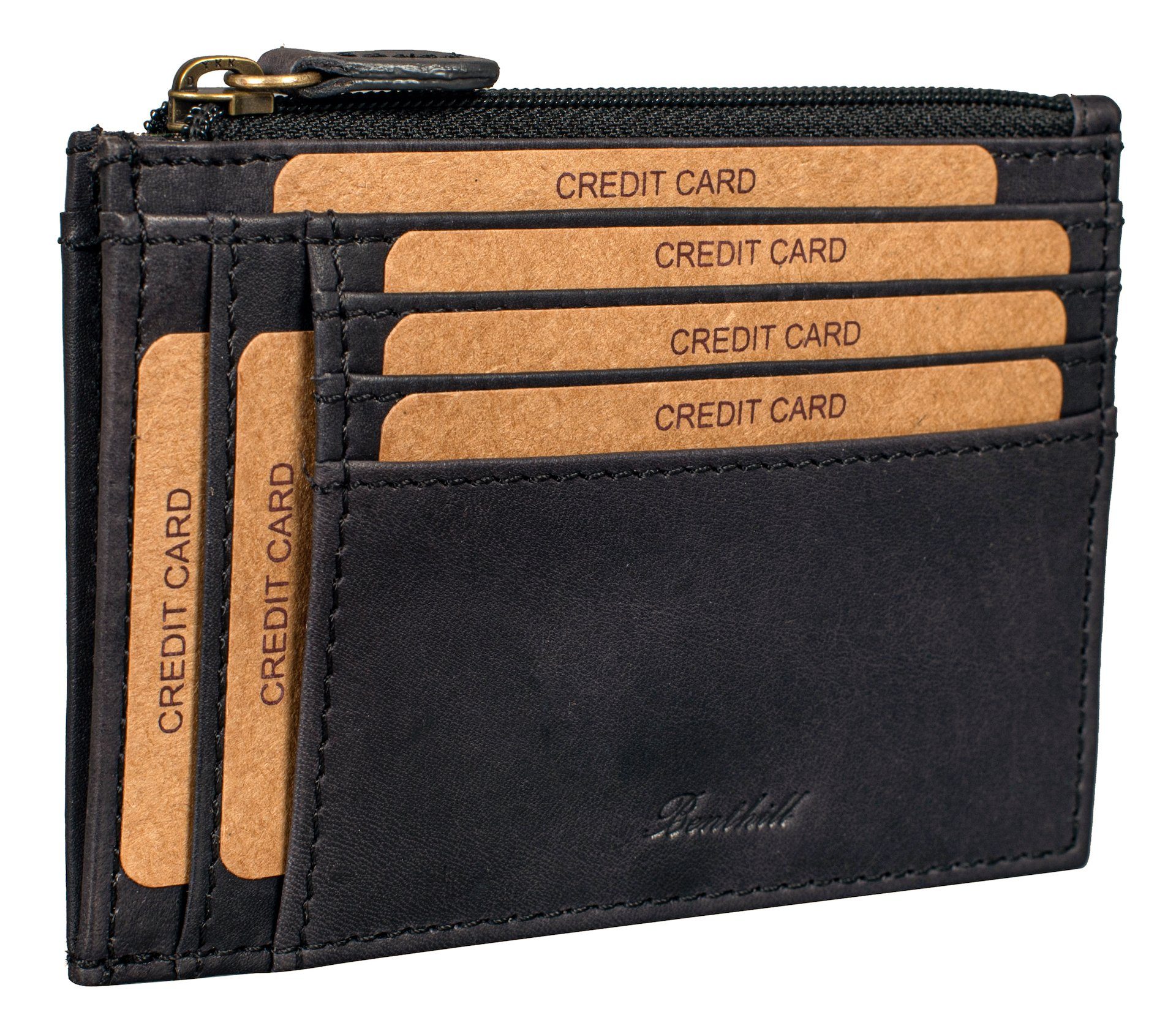 Benthill Kartenetui Kreditkartenetui Slim Portemonnaie Echt Leder Geldbörse Mini Wallet, RFID-Schutz Kartenfächer Münzfach Reißverschlussfach Schwarz