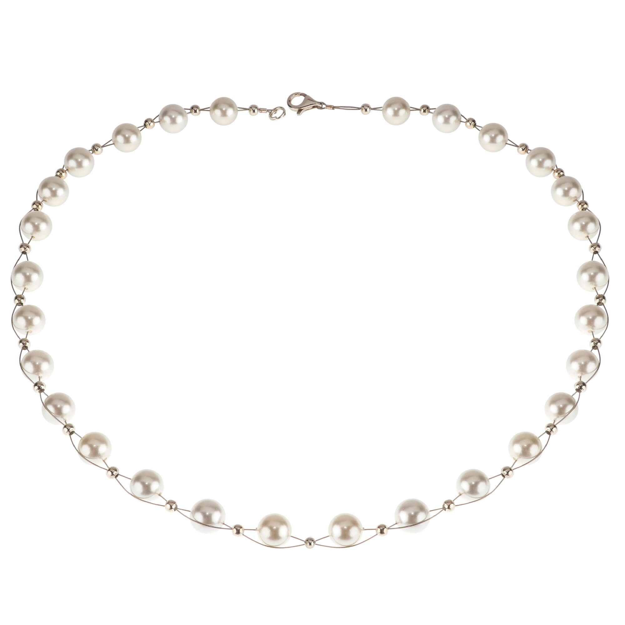 Schmuck Krone Perlenkette Kette aus Muschelkernperlen, creme-weiß, Silber 925