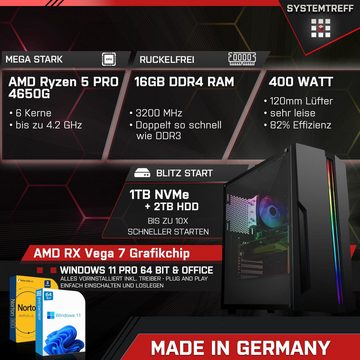 SYSTEMTREFF Basic Gaming-PC (AMD Ryzen 5 4650G, RX Vega 7, 16 GB RAM, 2000 GB HDD, 1000 GB SSD, Luftkühlung, Windows 11, WLAN)