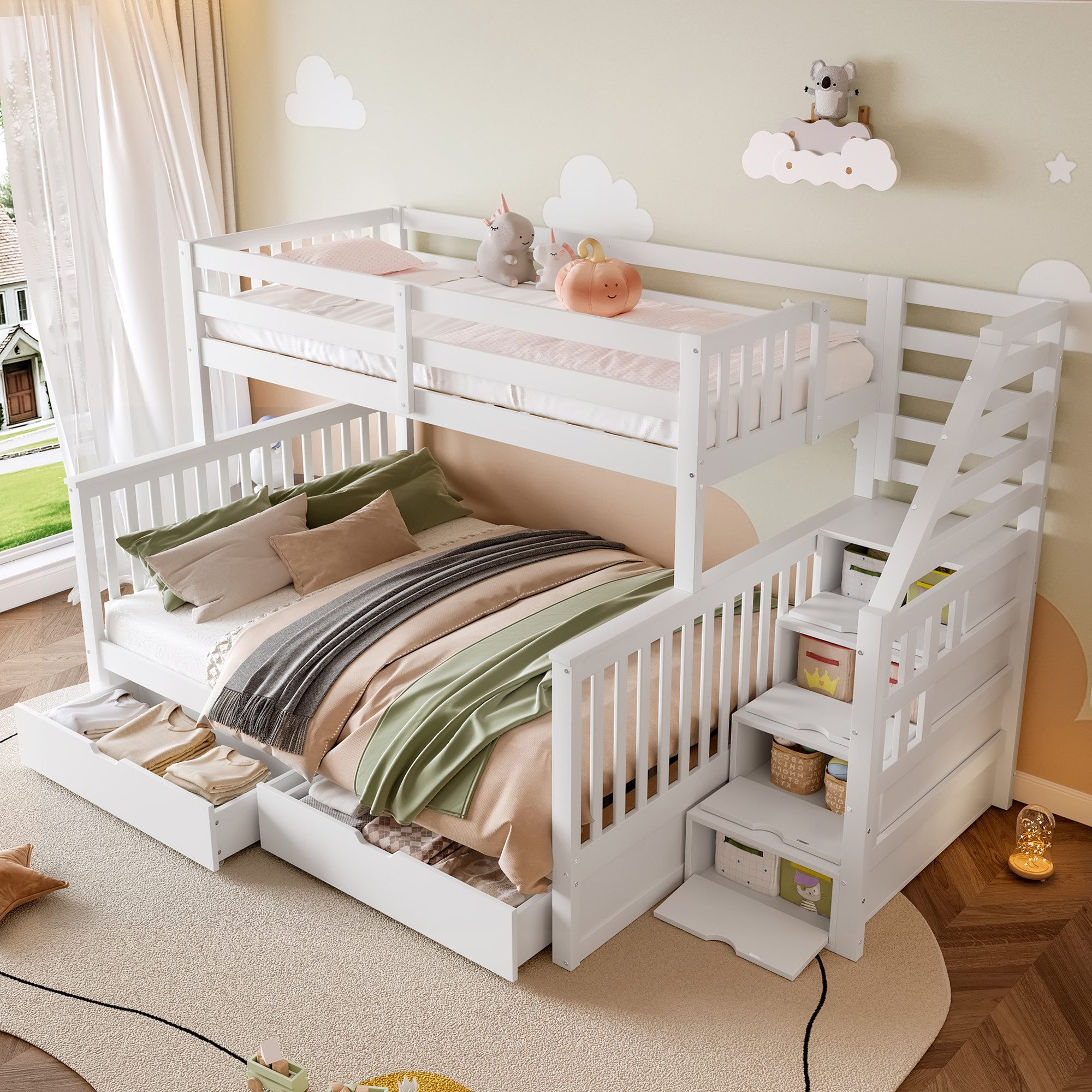 MODFU Etagenbett mit Stauraum und Schubladen (Kinderbett mit Sicherheitsgitter, Holzbett 90x200&140x200 cm), ohne Matratze