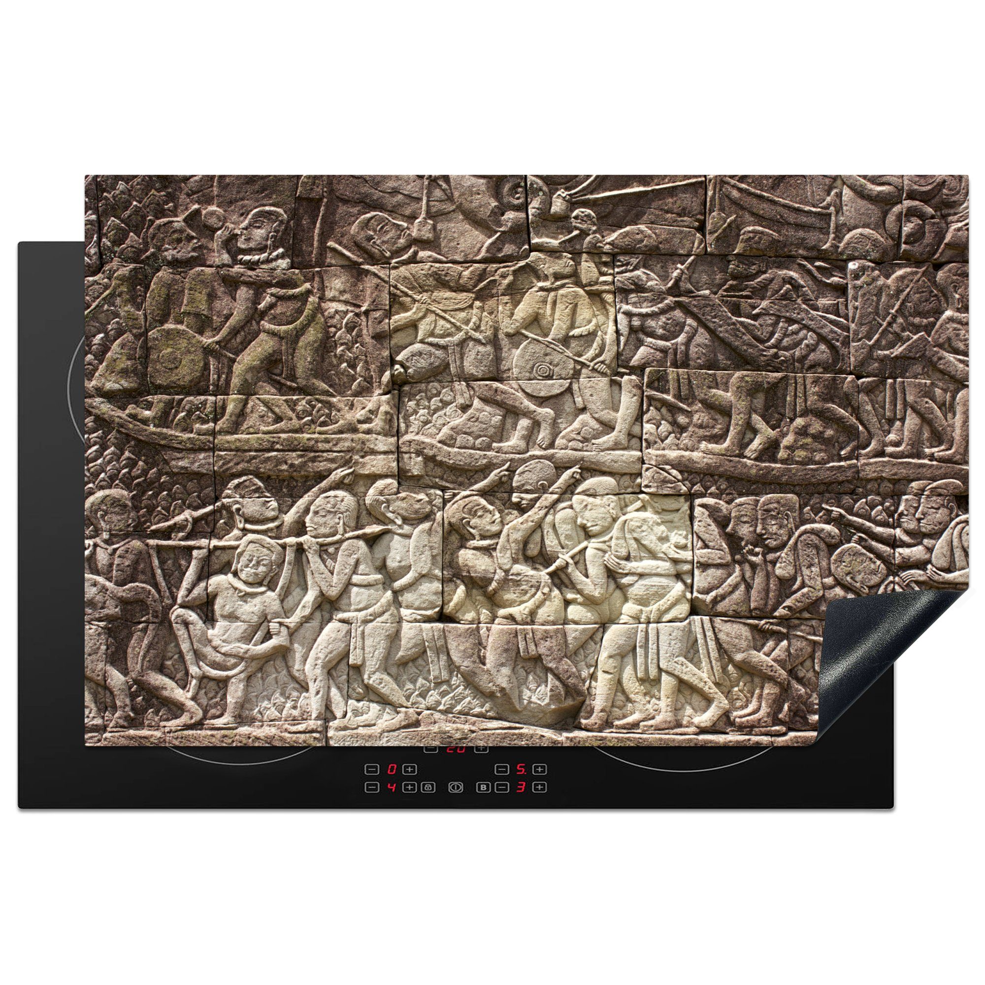 MuchoWow Herdblende-/Abdeckplatte Relief des Bayon-Tempels in Angkor Thom in Kambodscha, Vinyl, (1 tlg), 81x52 cm, Induktionskochfeld Schutz für die küche, Ceranfeldabdeckung