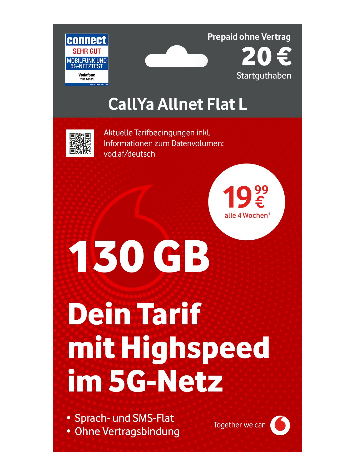 Vodafone CallYa Allnet L Prepaidkarte, (Jetzt 130 GB, 20 € Startguthaben, ohne Vertrag, 5G, Allnet-Flat)
