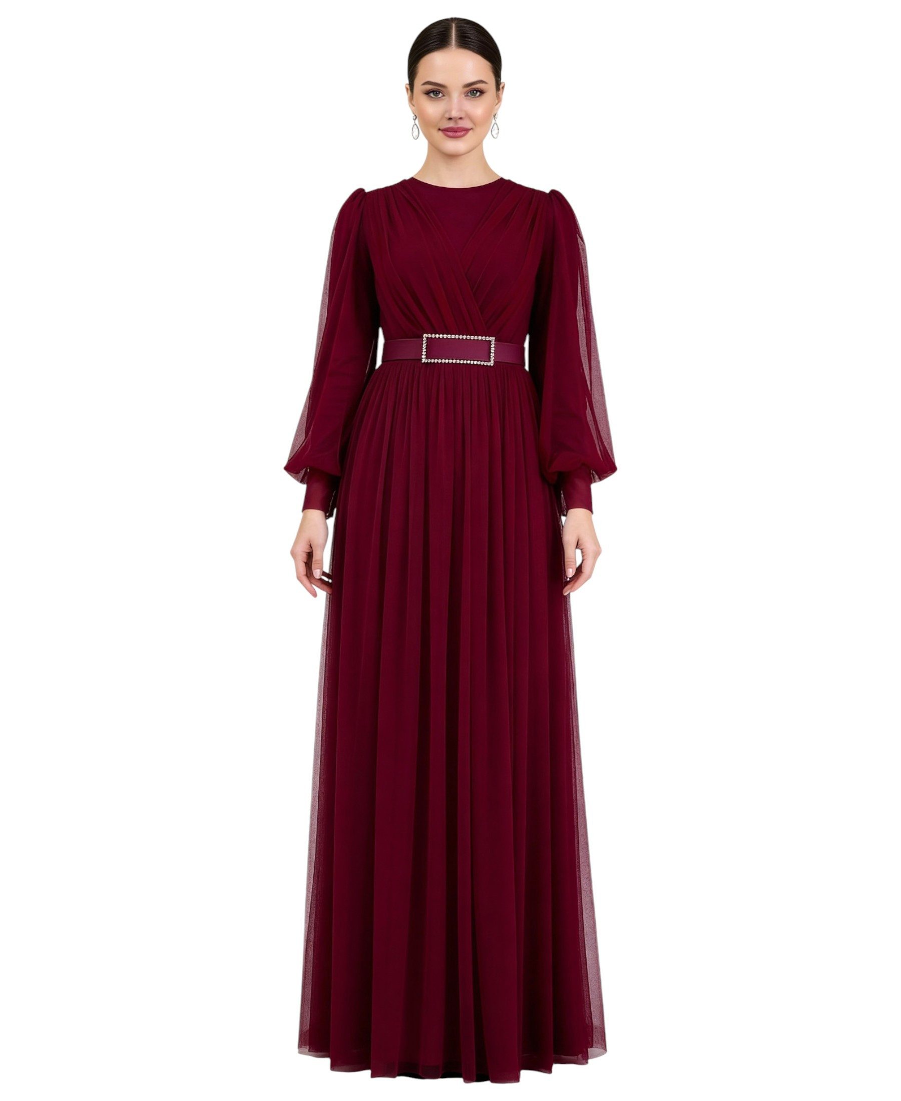 fashionshowcase Abendkleid Damen Maxikleid langarm Tüllkleid elegant mit Gürtel Modest Fashion Fließender Plissee-Rock mit taillierendem Gürtel