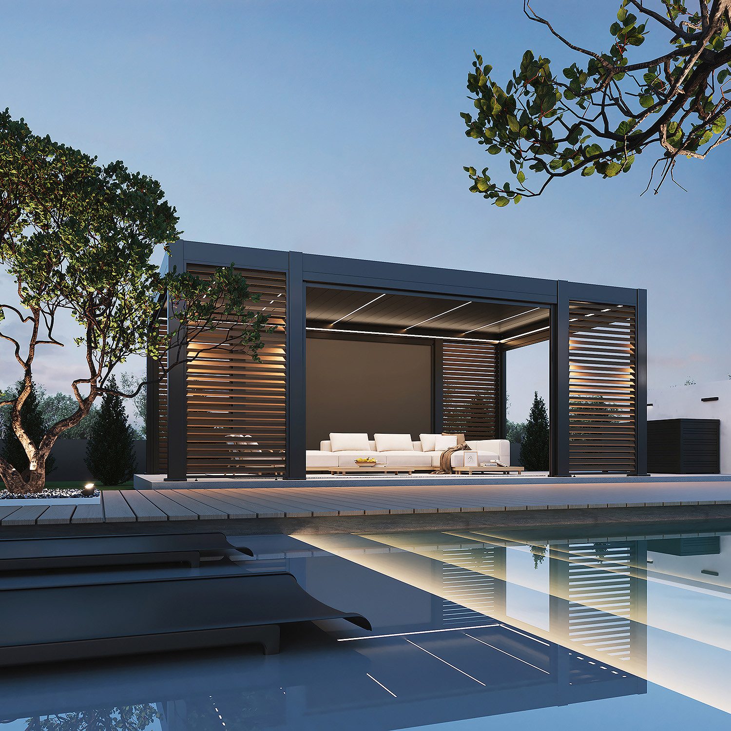Weide Pergola Prestige Pavillon Alu LED 3,6 x 6,57 M +4x Lamellenwand+4x Sonnenrollo, BxTxH: 657x360x255 cm