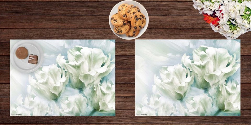 Platzset, Tischset, Platzset abwaschbar - Romantische weiße Tulpen - aus  Premium Vinyl (Kunststoff - BPA-frei) - 4 Stück - 44 x 32 cm - rutschfeste  Tischdekoration!, cover-your-desk.de, (4-St)