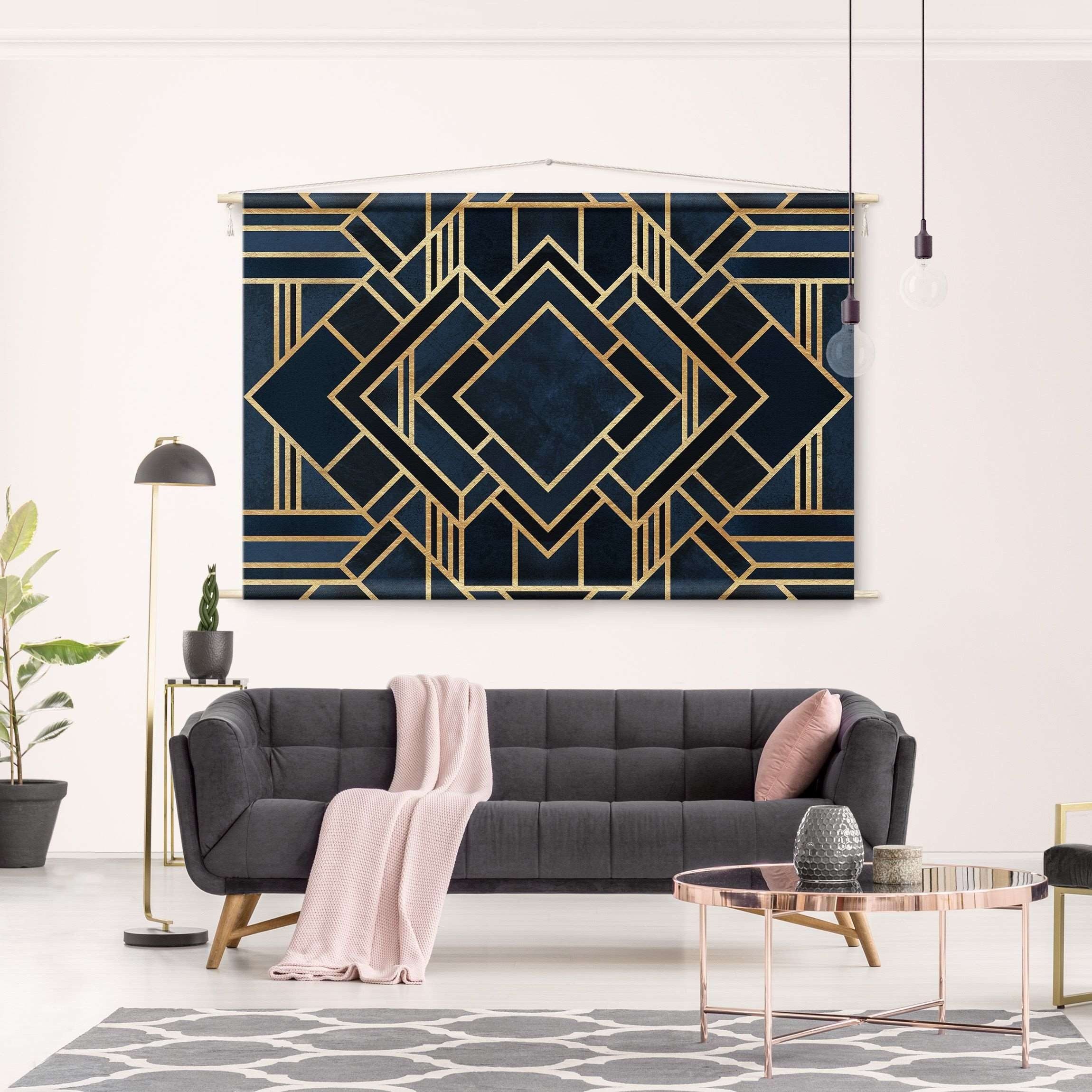Bilderdepot24 Wandteppich modern Muster Abstrakt Aquarell Geometrisch gold, rechteckig, Höhe: 2.6 mm, großes Wandbild aus Natur-Baumwolle Wandbehang Stoffbild Tuch Wollseil
