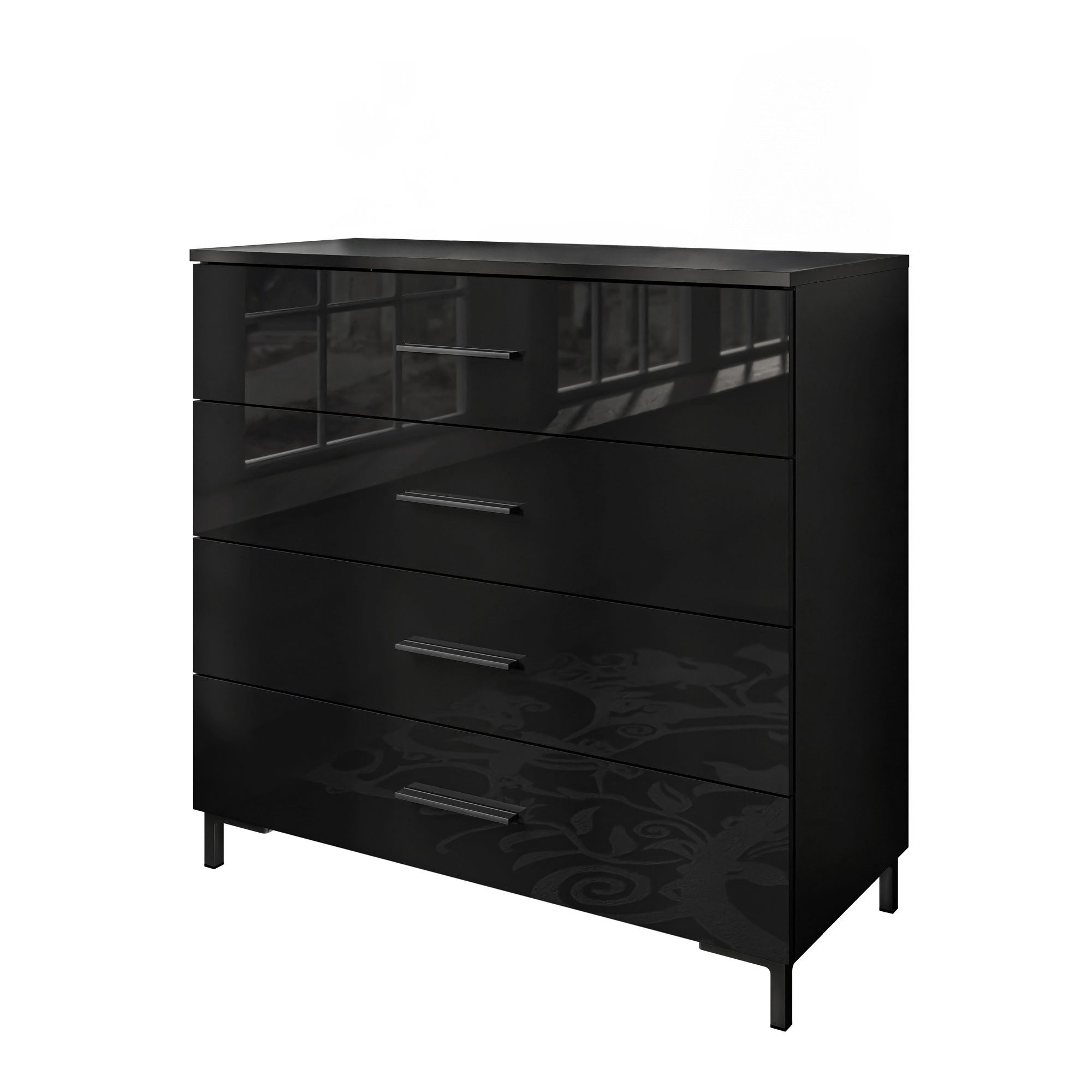 Kommode LINA BLACK Schwarz / Schwarz hochglanz mit Schubladen