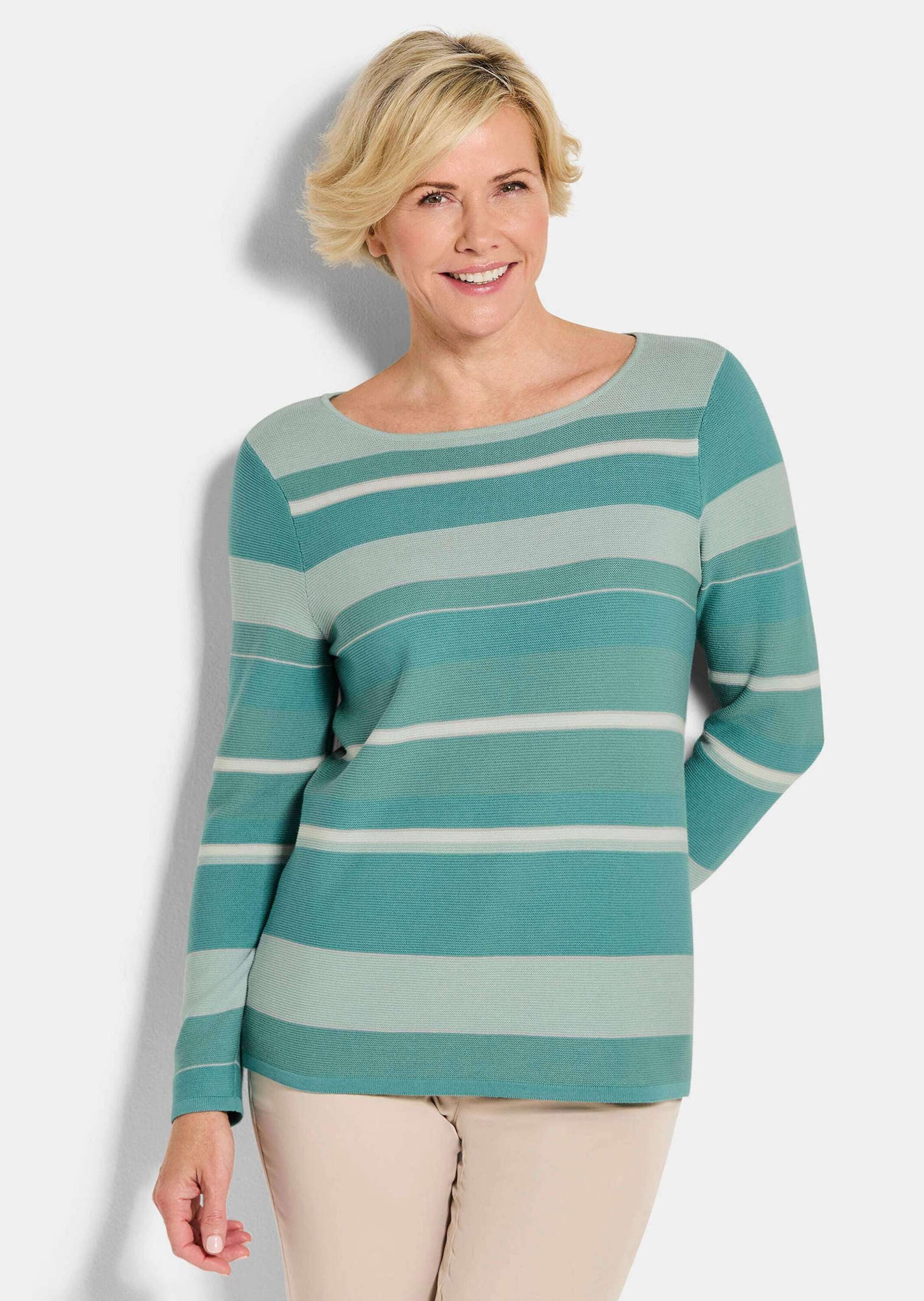 GOLDNER Strickpullover Strickpullover im Ringel-Look Baumwollpullover mit U-Boot-Ausschnitt und Langarm