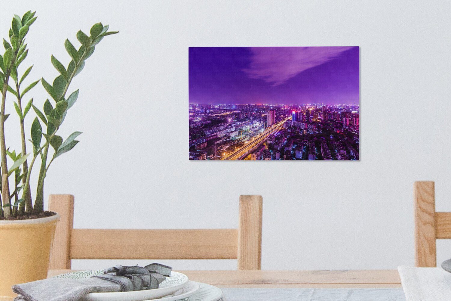 OneMillionCanvasses® von Wandbild Violette Leinwandbilder, (1 Aufhängefertig, Wuhan, cm 30x20 St), Leinwandbild Nachtszene Wanddeko,