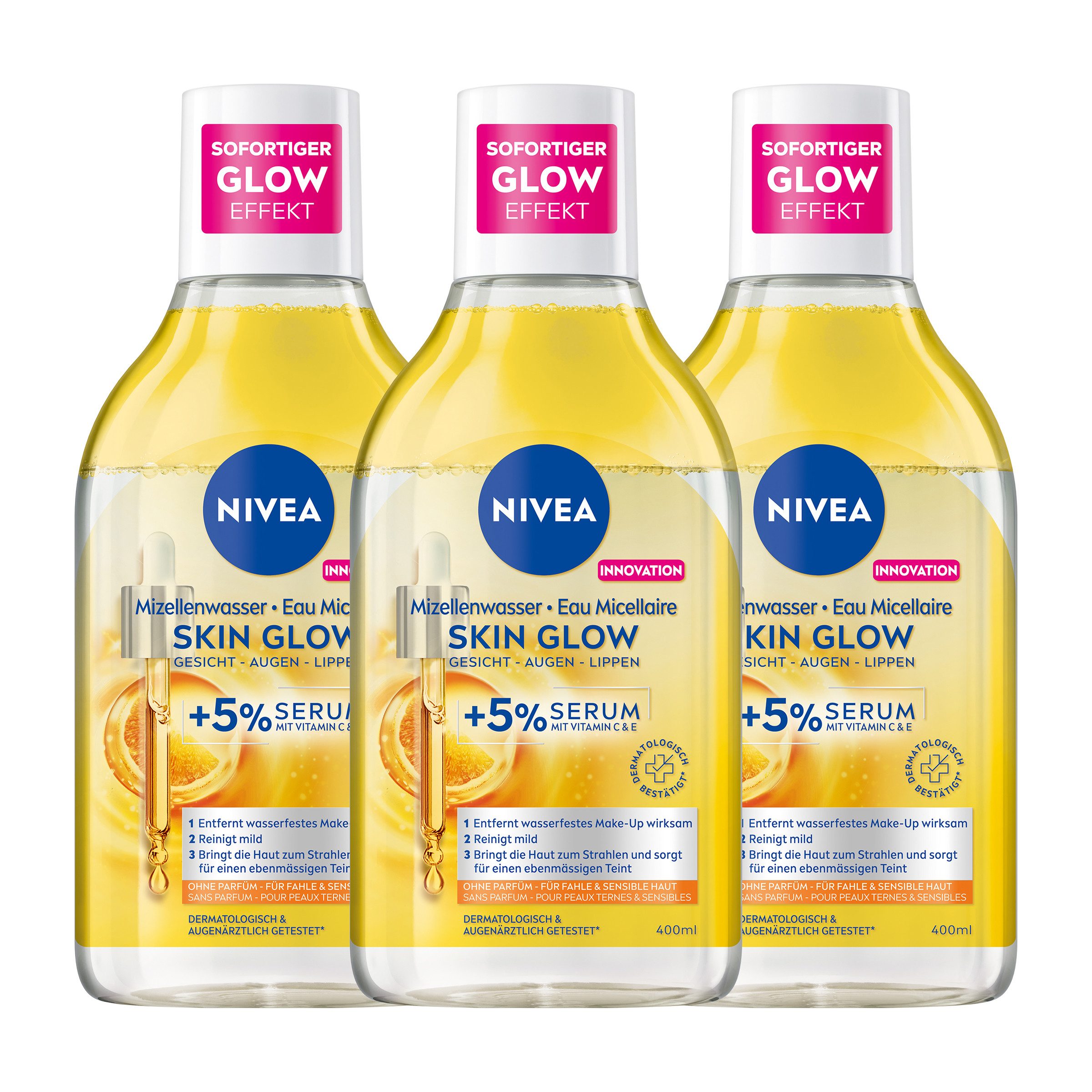 Nivea Gesichtswasser Mizellenwasser Skin Glow Make-Up Entferner reinigend 3x400ml, 3-tlg., Vitamin C, Vitamin E