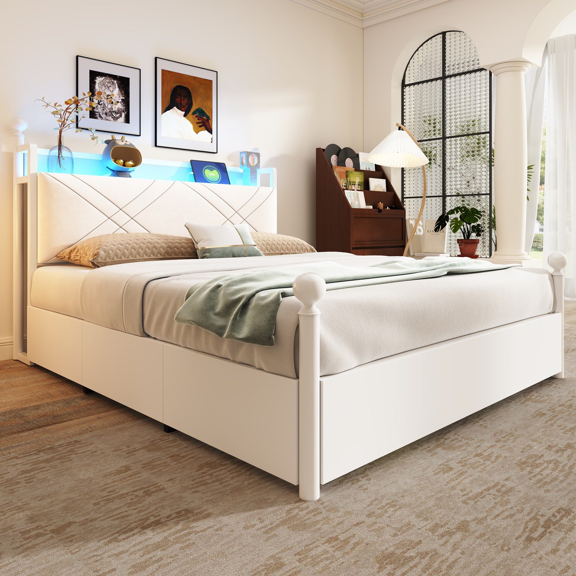 BlingBin Himmelbett Metallbett mit Baldachin, 3 Schubladen, LED und USB/Type-C, Weiß (Funktionsbett, 1-tlg., 140x190 cm), Doppelbett mit Stauraum, mit abnehmbaren Bettpfosten