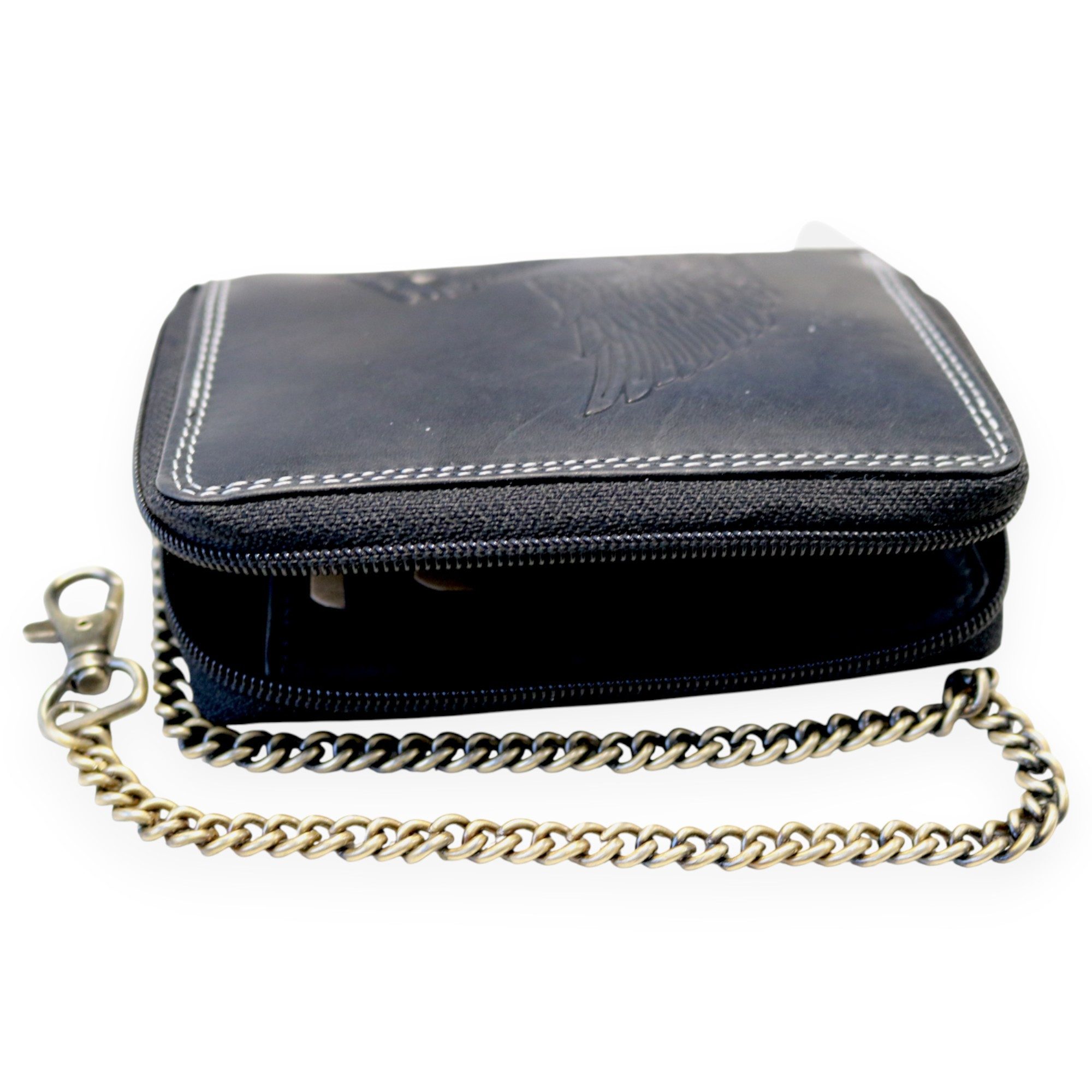 MDM Brieftasche Biker Leder Karten Portemonnaie mit Kette, Reißverschluss, RFID
