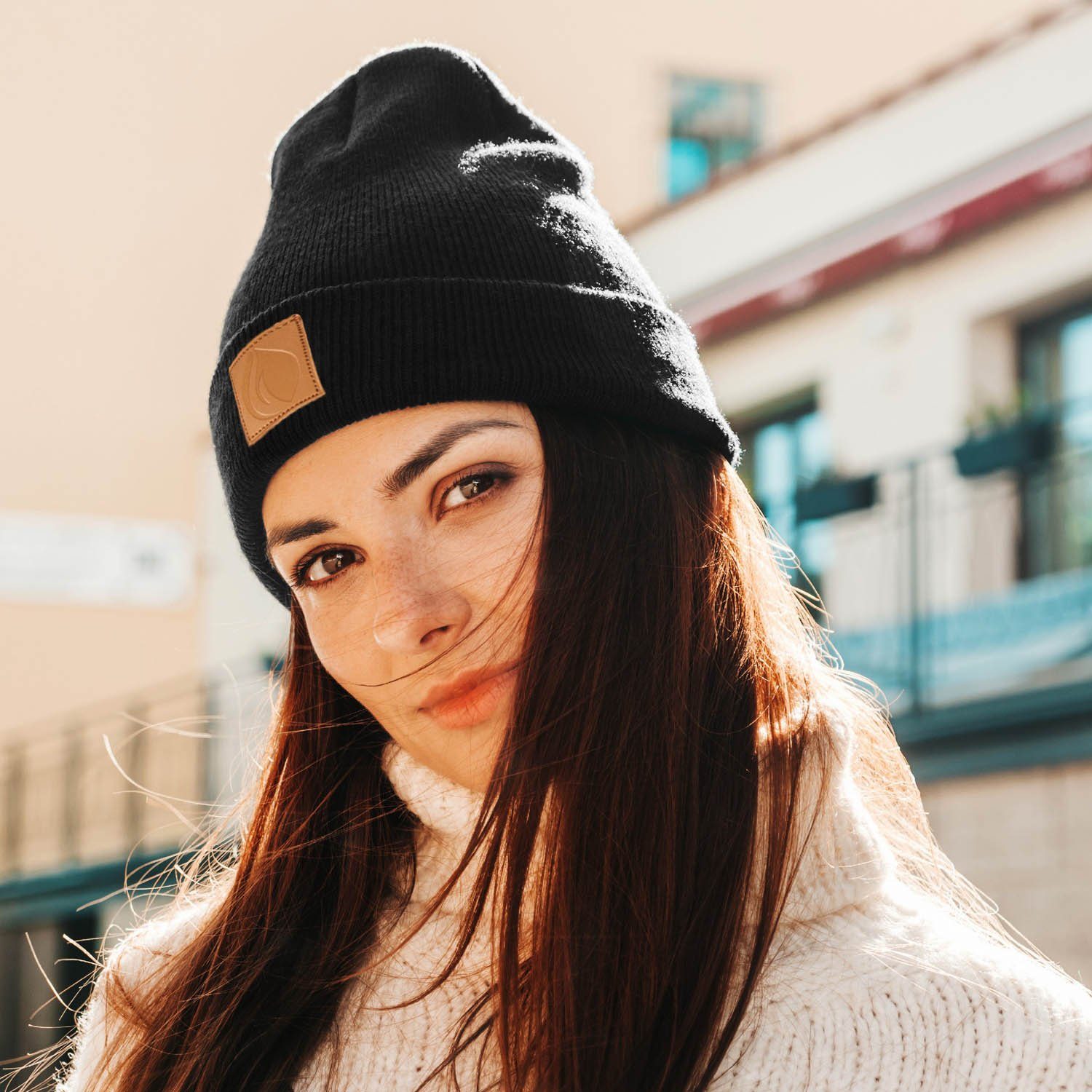 OCCULTO Label) Beanie (Brown Leatherpatch Beanie Black Mütze Winter