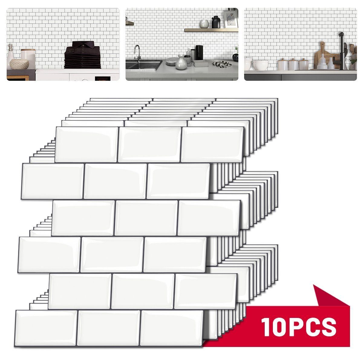 Haiaveng Wandtattoo 10 Stk 3D-Paneel aus Ziegelsteinen zum Dekorieren von Wänden, 3D Wasserdichte Tapete 30,5 cm x 30,5 cm x 3,2 mm Weiss
