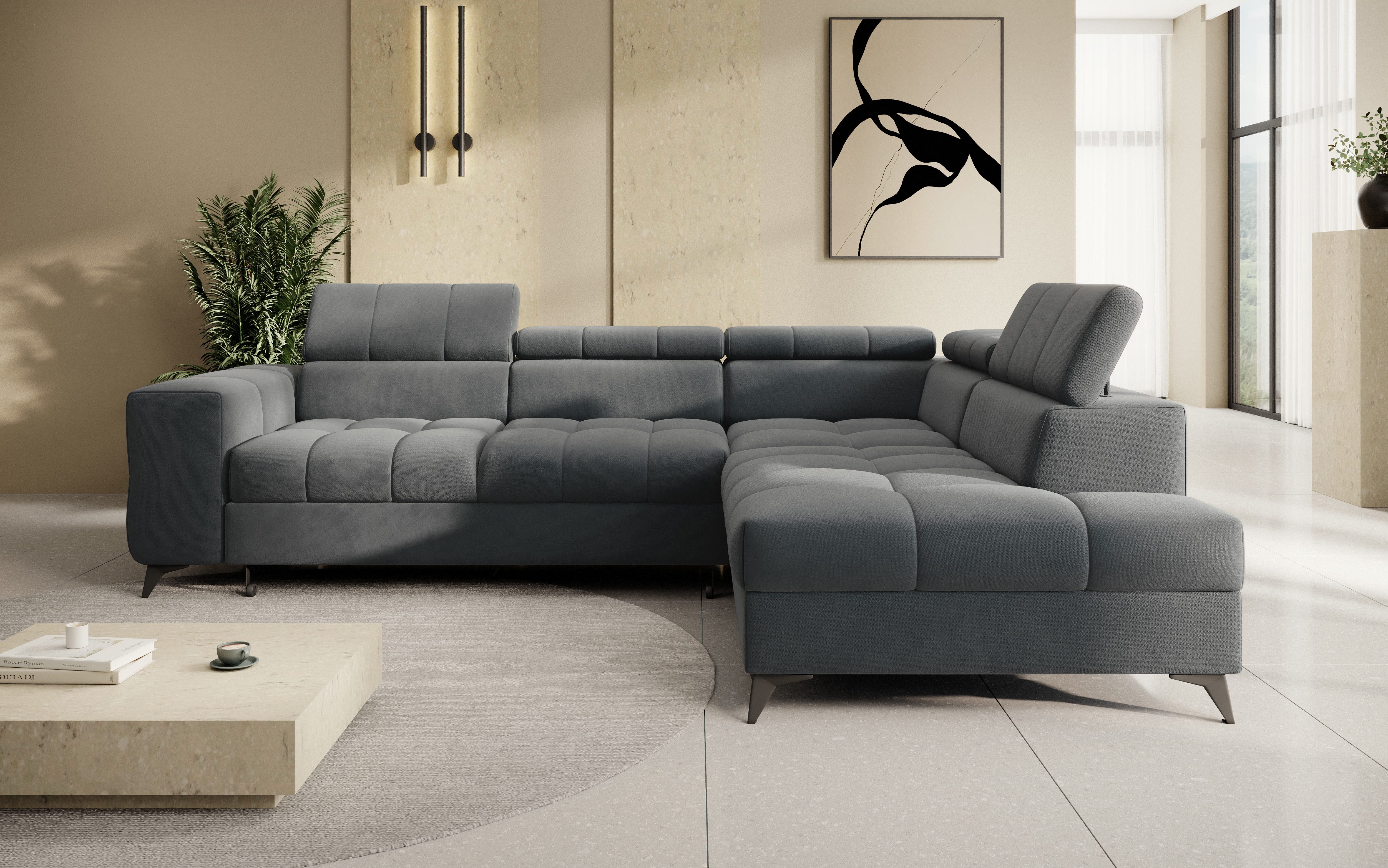 thematys Ecksofa SORANO mit Schlaffunktion & Bettkasten – L-Form, Bouclé und Velours, - mit verstellbaren Kopfstützen, – L-Form 270×203 cm – Schlafsofa mit Auszug, – L-Form 270×203 cm – Schlafsofa mit Auszug