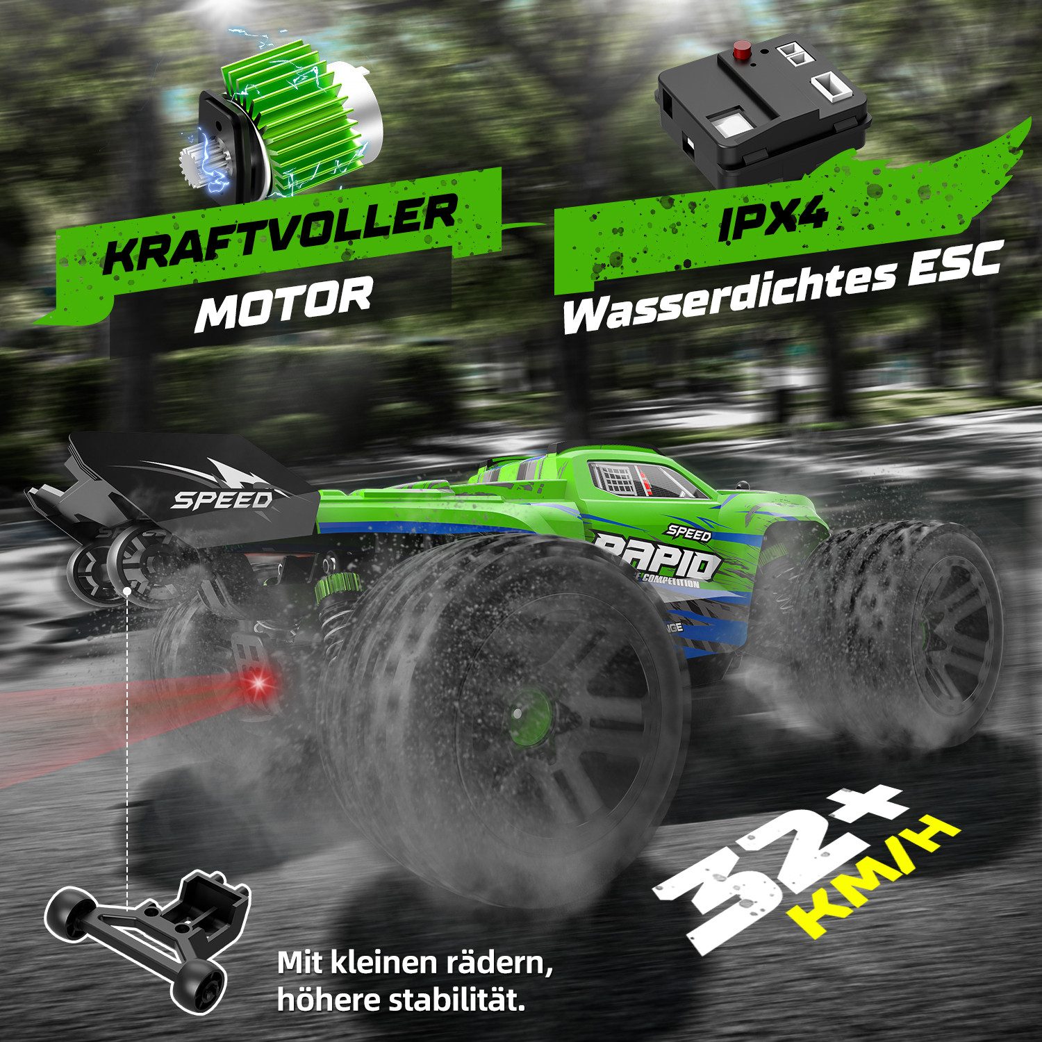 Esun RC-Auto Ferngesteuertes Auto mit Farbiges Licht, 1/20 32+km/h RC Auto Offroad (SET, 2.4GHz Ferngesteuerter Monstertruck), Monstertruck, 4WD Ferngesteuerte Autos Erwachsene