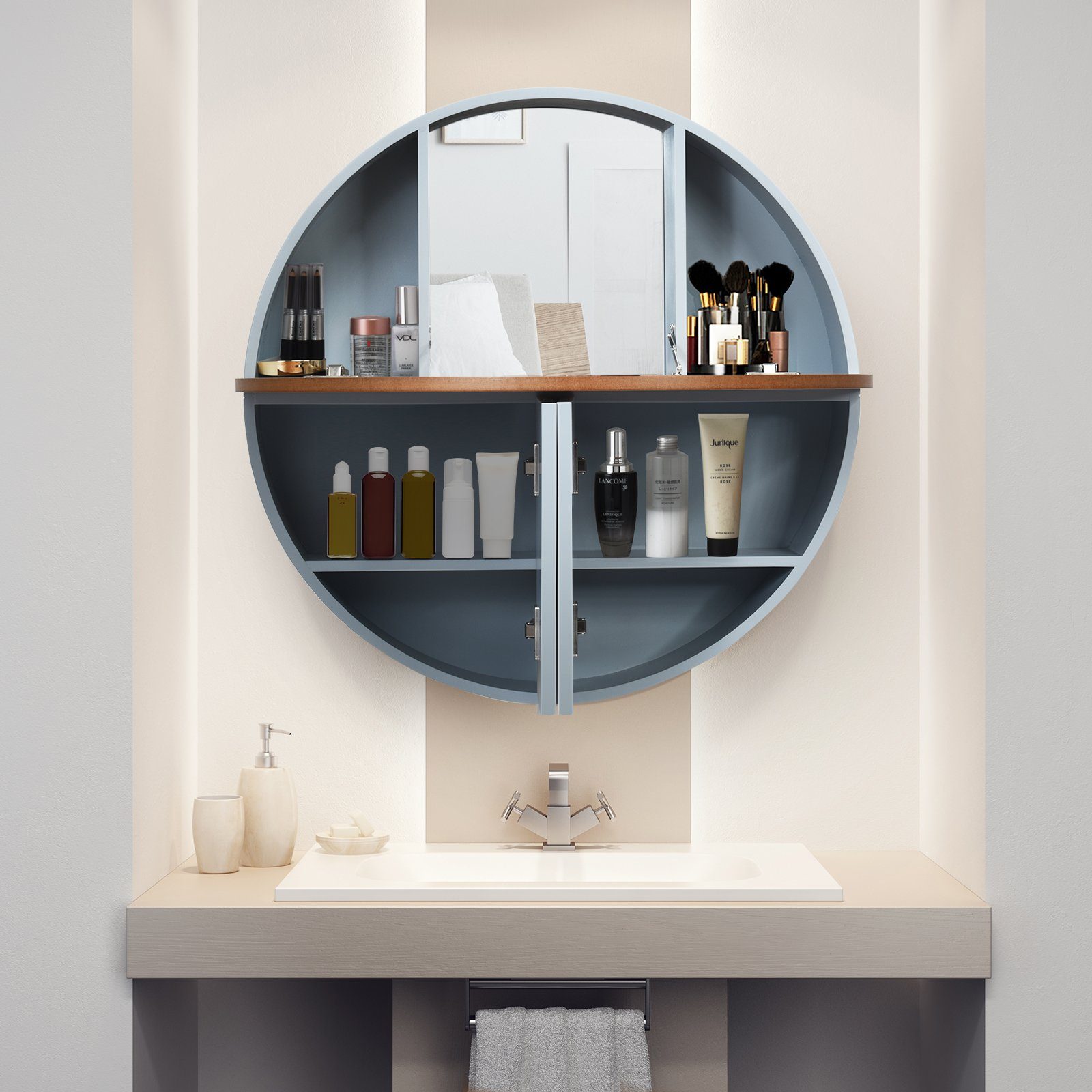 COSTWAY Spiegelschrank mit ausklappbarer Tischplatte, 7 Fächern & Spiegel Grau