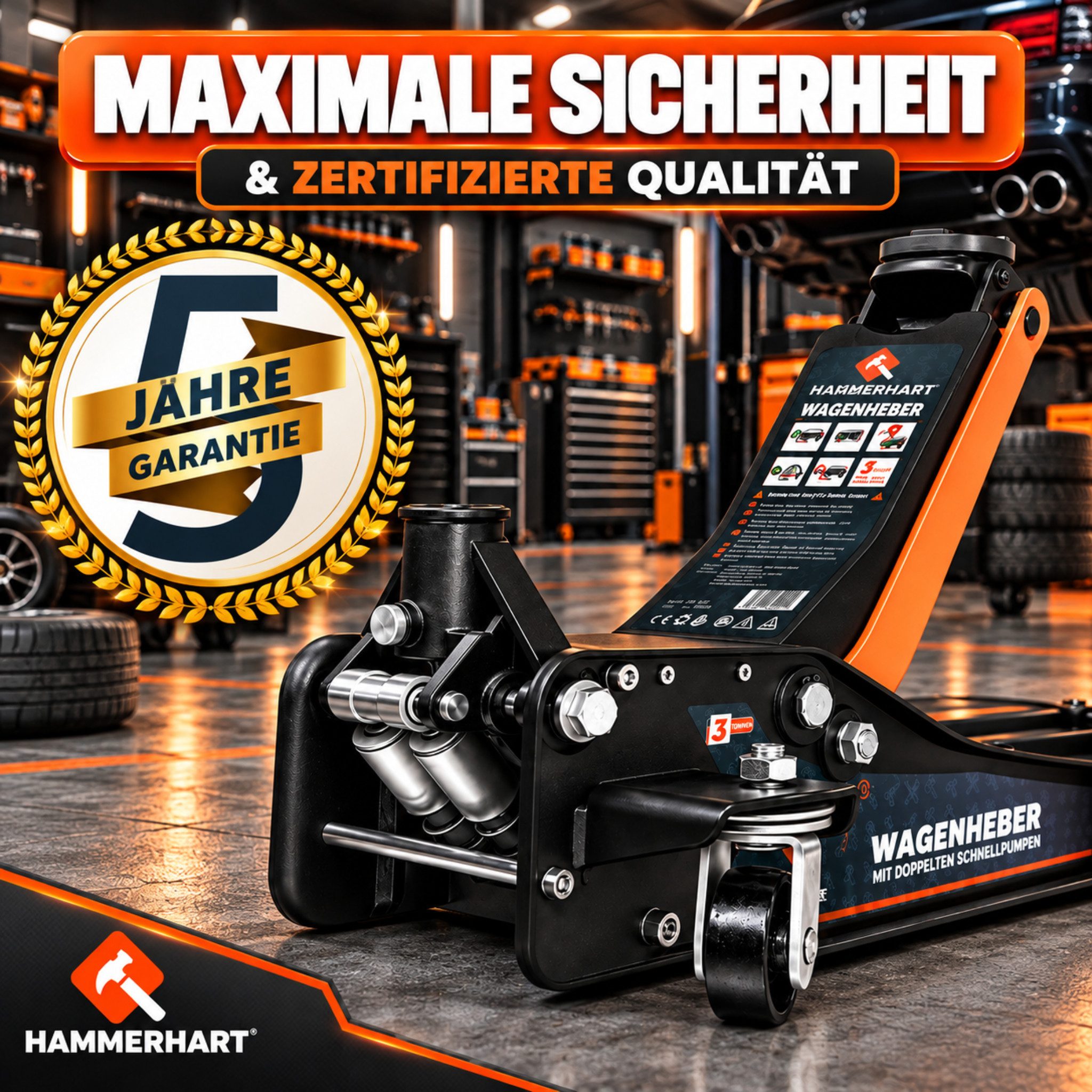 HAMMERHART Wagenheber Hydraulischer Wagenheber 3T, Flach, Doppelkolben, 75–460 mm, max. Hubhöhe: 46 cm, Premium Wagenheber 3 Tonnen, Wagenheber 3 Tonnen – Bild 4 von 5