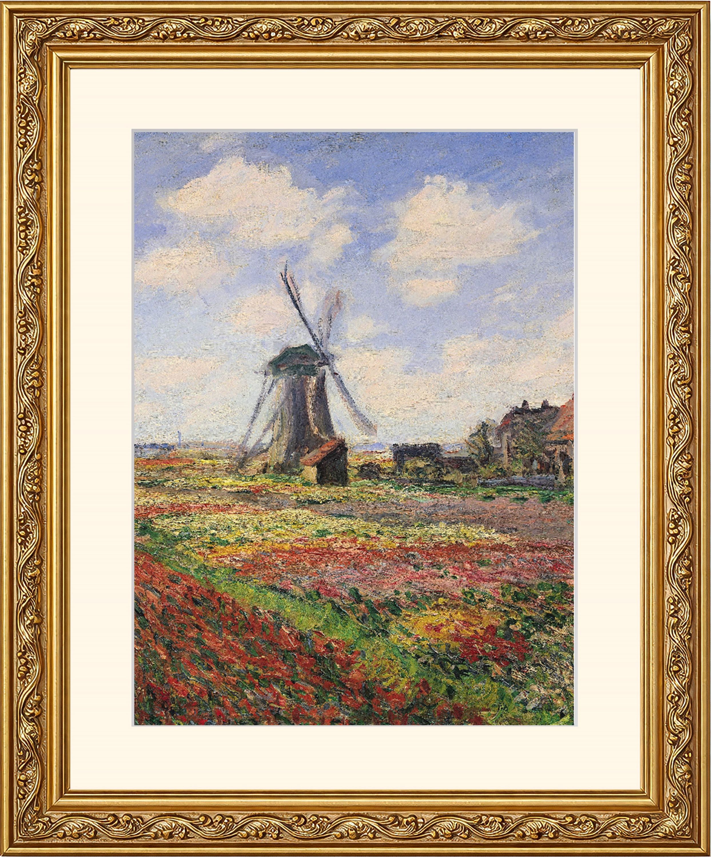 artissimo Bild mit Rahmen Wandbild gerahmt 53x63 cm Kunstdruck mit Passepartout & Barock-Rahmen, Claude Monet: Tulip field with Windmil