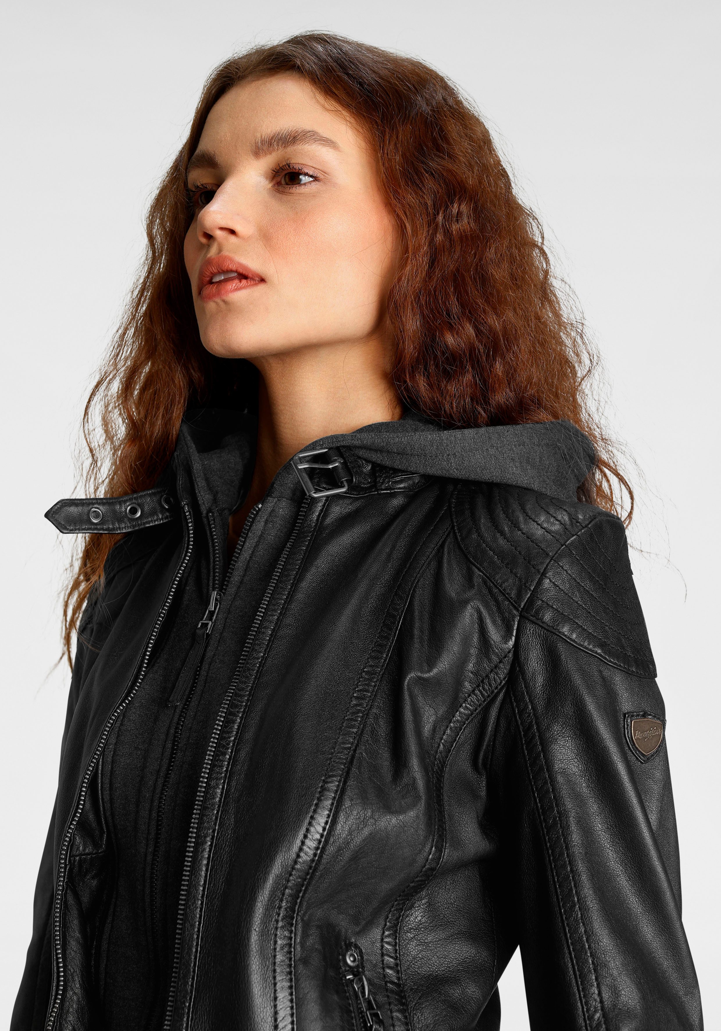 Mauritius Lederjacke Cacey LEGV mti Kapuze, Reißverschluss, Ziersteppung