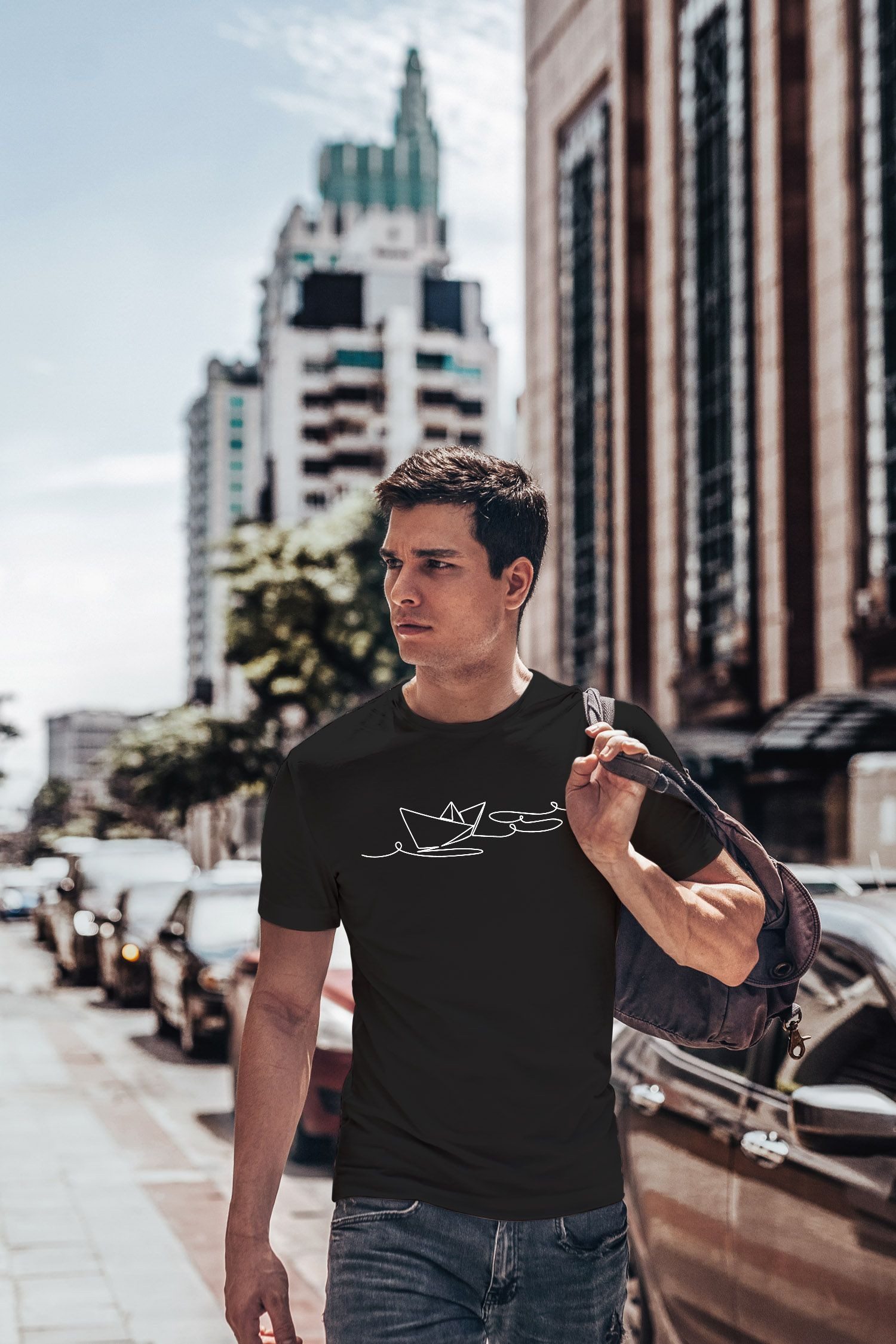 Neverless Print-Shirt Herren T-Shirt Boot Polygon Papier-Schiff Origami Aufdruck Print mit Print