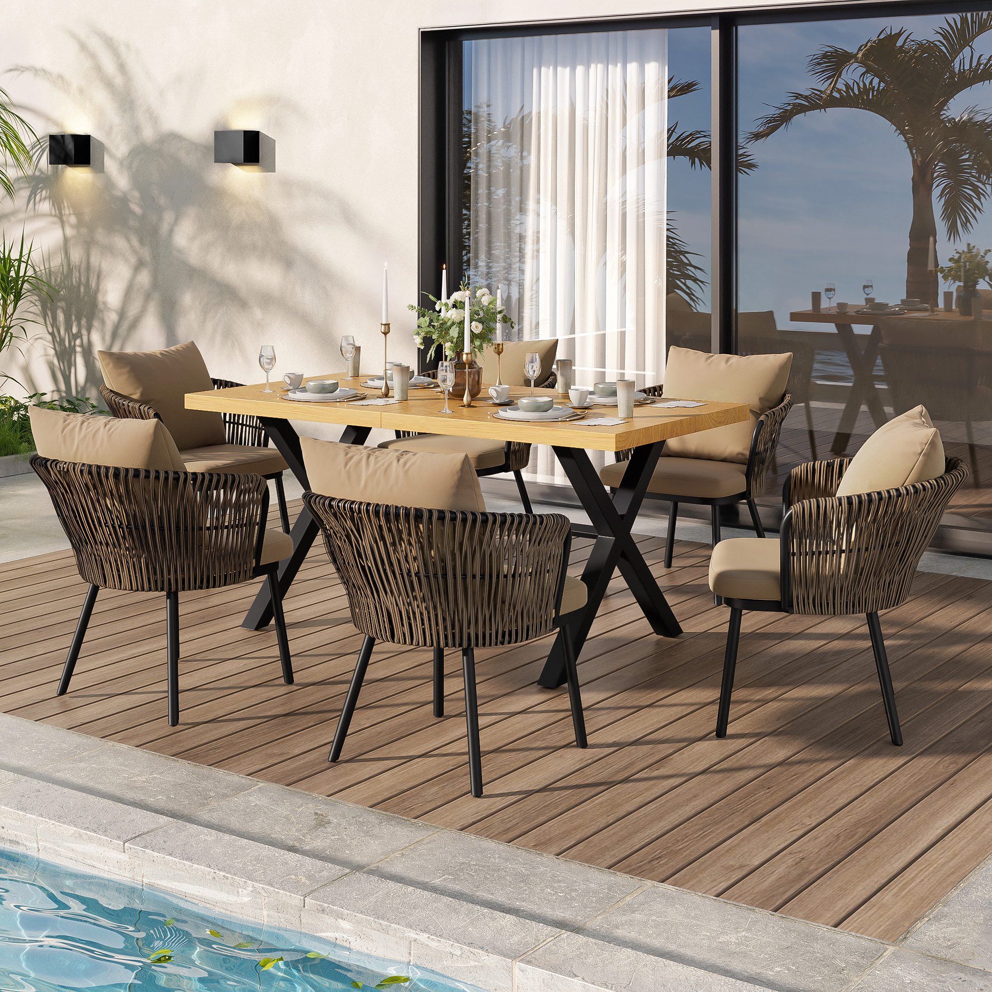 MODFU Garten-Essgruppe Modernes Essgruppen-Set 6er aus Eisen, gepolstert, (Set, 7-tlg., Inkl. Sitzkissen, für mehrere Personen), Rattan-Gartenlounge mit Eisengestell für Außenbereich