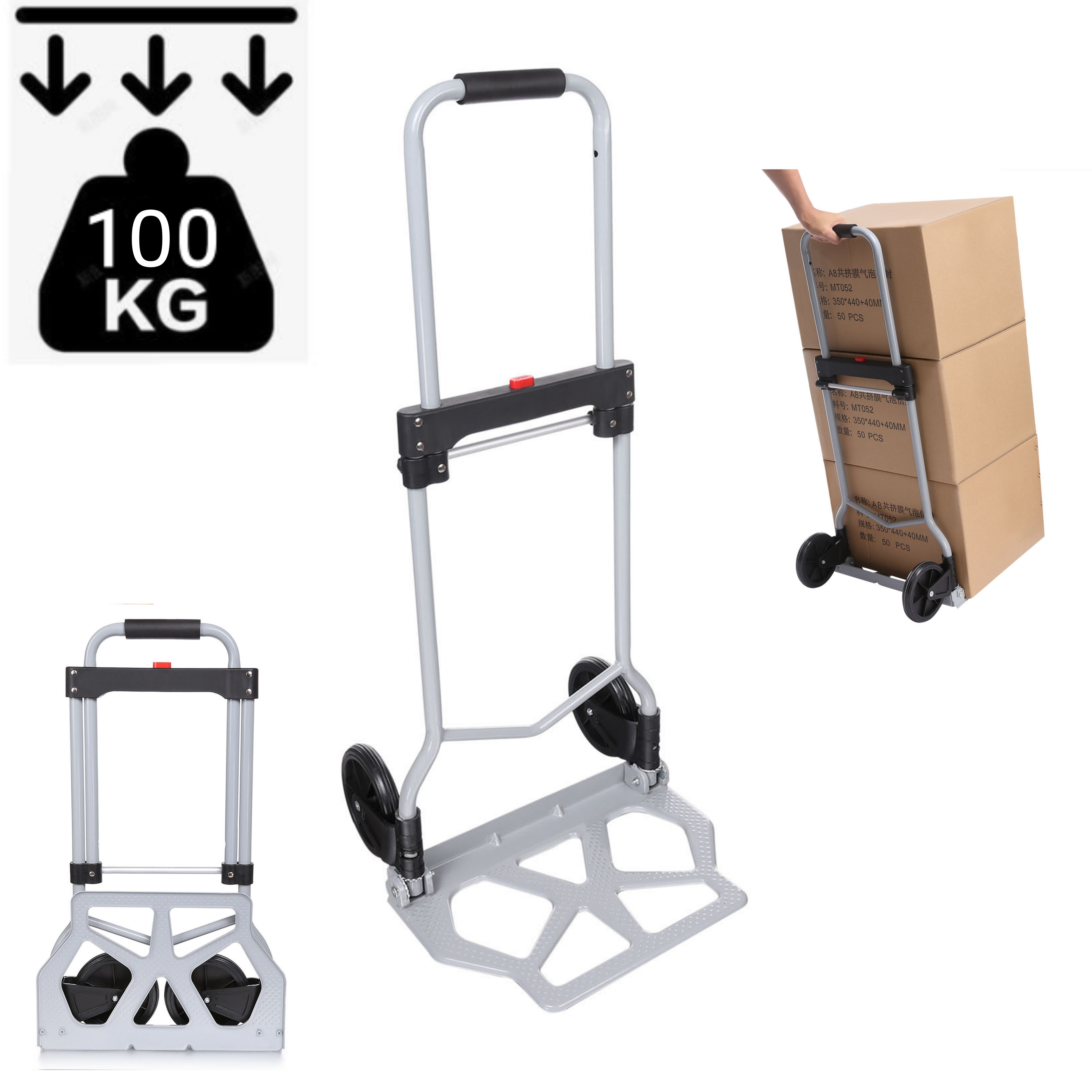 LUCKZON Sackkarre Aluminium Transportkarre klappbar, Hartgummireifen, Höhenverstellbarer, BxTxH 420x280x970 mm, Tragkraft 100/120 kg, klapp- und faltba