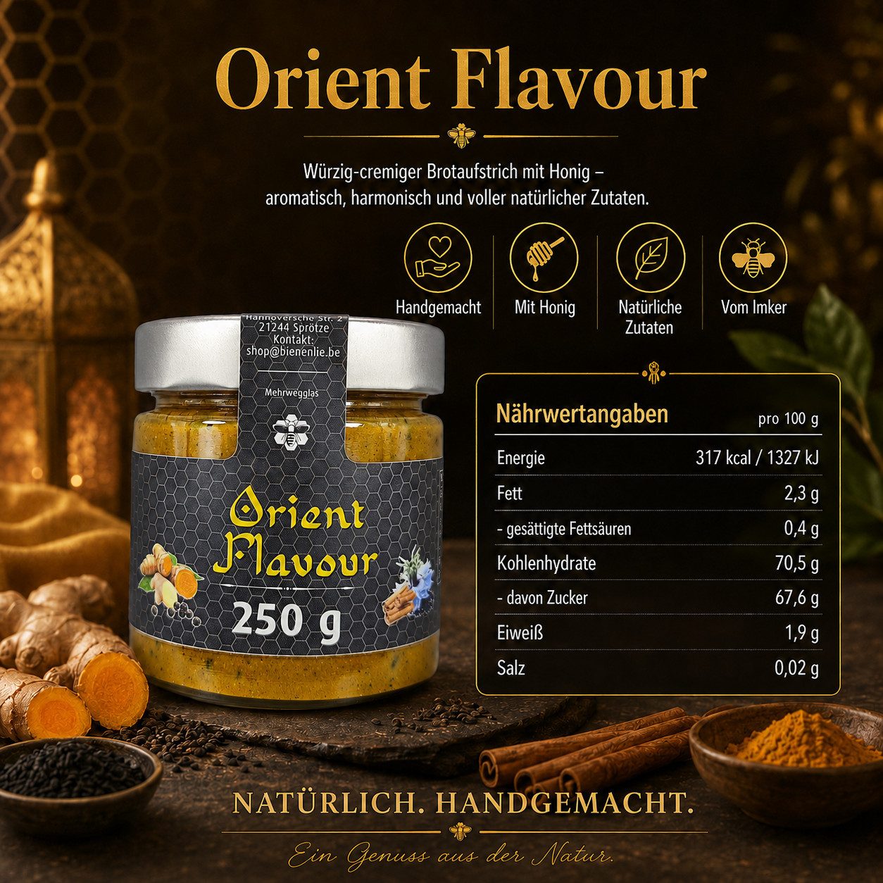 Imkerei BienenLie.be Honig Orient Flavour - frisch & würzig, Orientalischer Brotaufstrich, 1 x 250 g, 1 St. (aus Honig, Kurkuma, Schwarzkümmel, Ceylon-Zimt, Pfeffer, Ingwer)